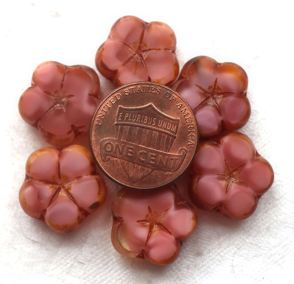 Five 16mm Czech glass flower beads, table cut, carved, marbles opaque pink with crystal picasso flowers, C26105 - Glorious Glass Beads