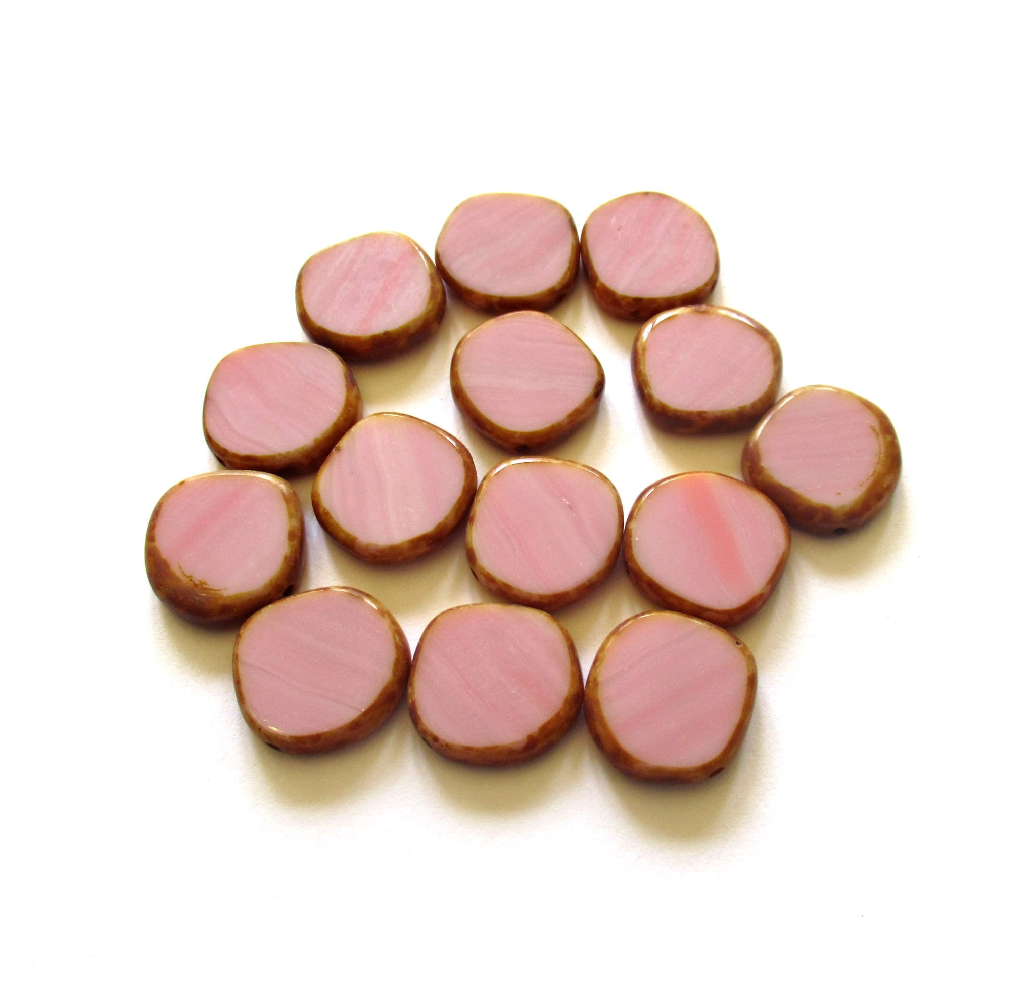Six 15mm Czech glass asymmetrical coin or disc beads - opaque pink silk picasso table cut beads - C00531
