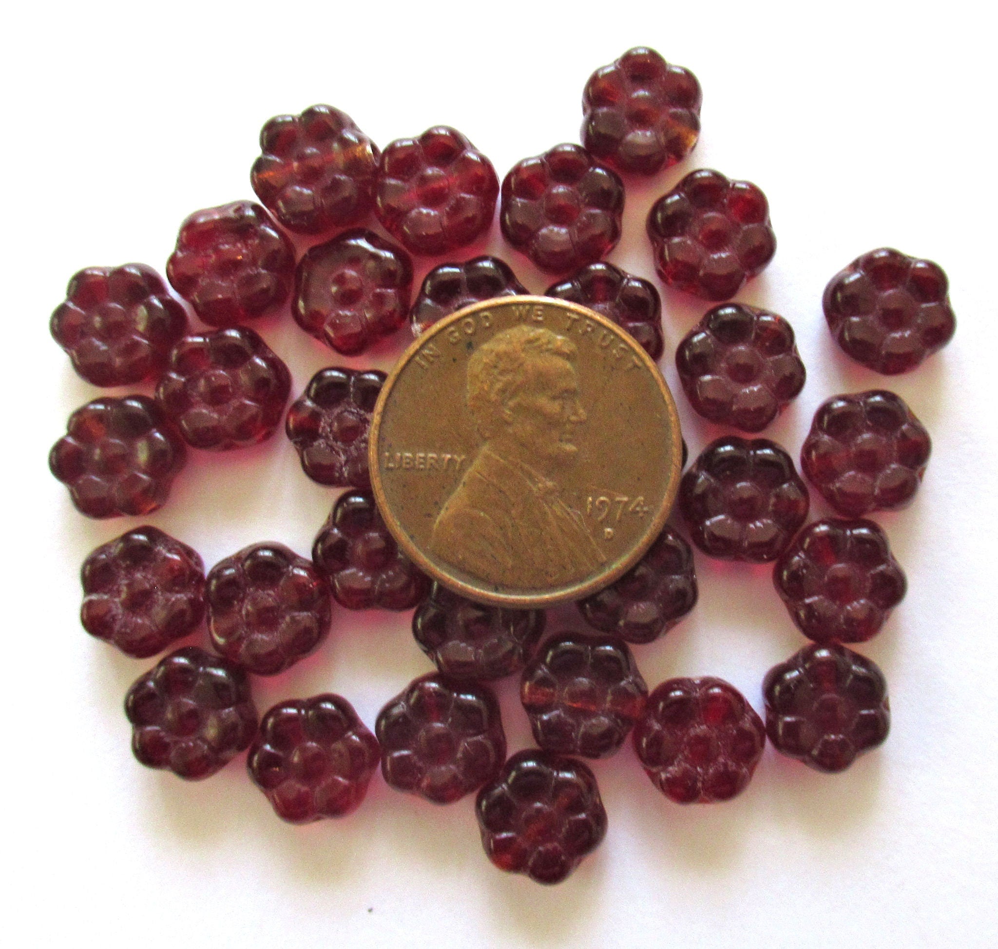 Lot of 25 6mm Czech glass flower beads - transparent garnet red beads - C0085