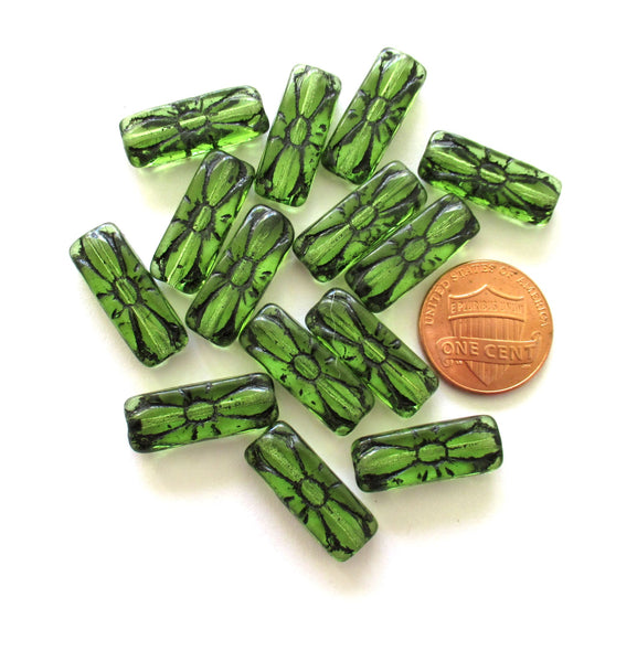 Five 20 x 8mm rectangular flower tube beads - olivine green with a black wash - Czech glass rectangle bead C0049