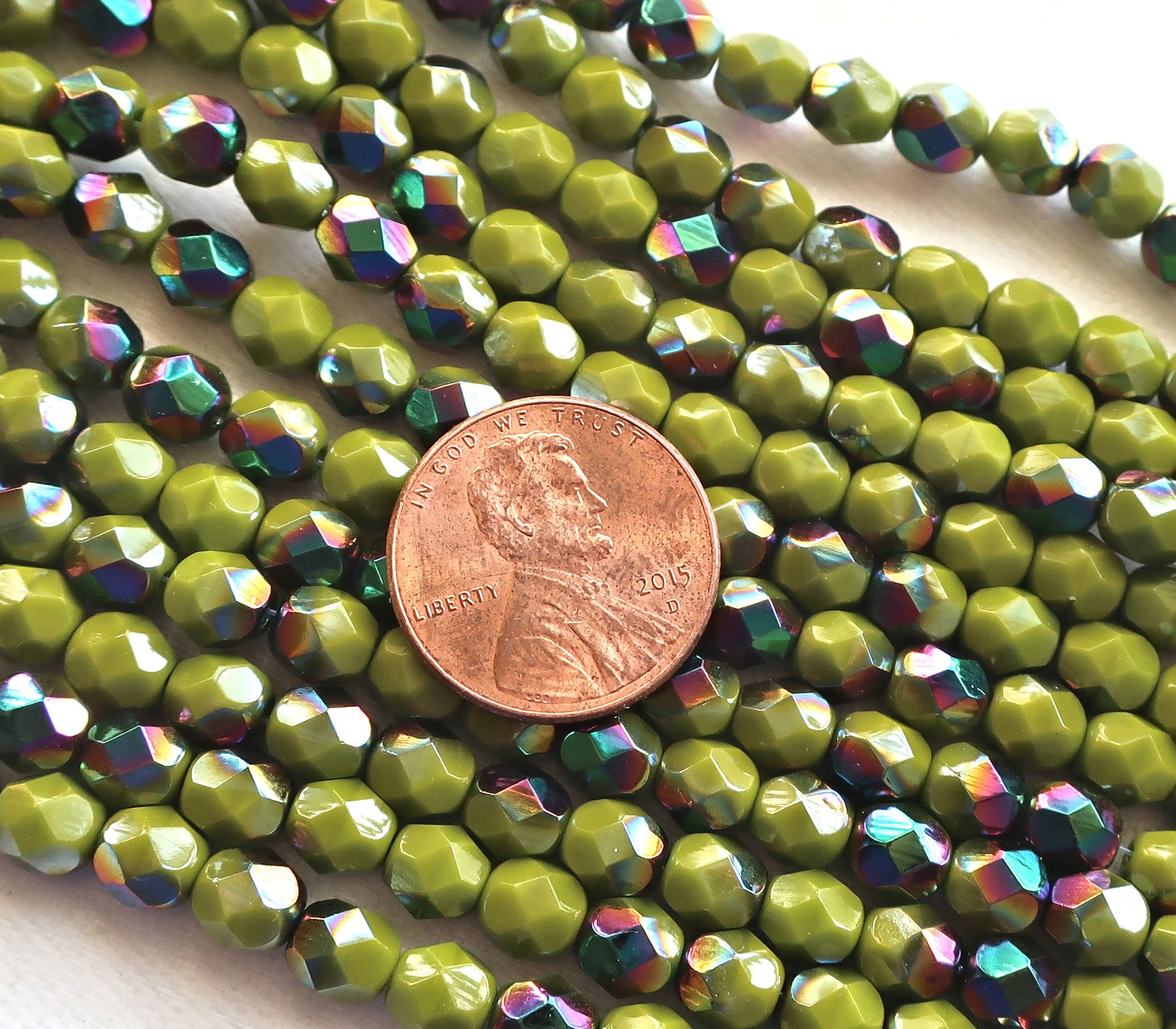 Lot of 25 6mm Opaque Olive Vitral Czech glass beads, olive green firepolished, faceted round beads with a vitral finish, C6525 - Glorious Glass Beads
