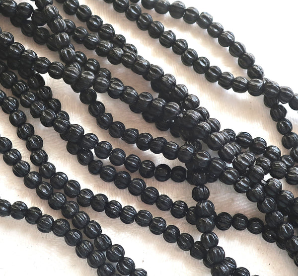 Lot of 100 3mm Matte Jet Black melon beads, Czech pressed glass spacer beads C21101 - Glorious Glass Beads