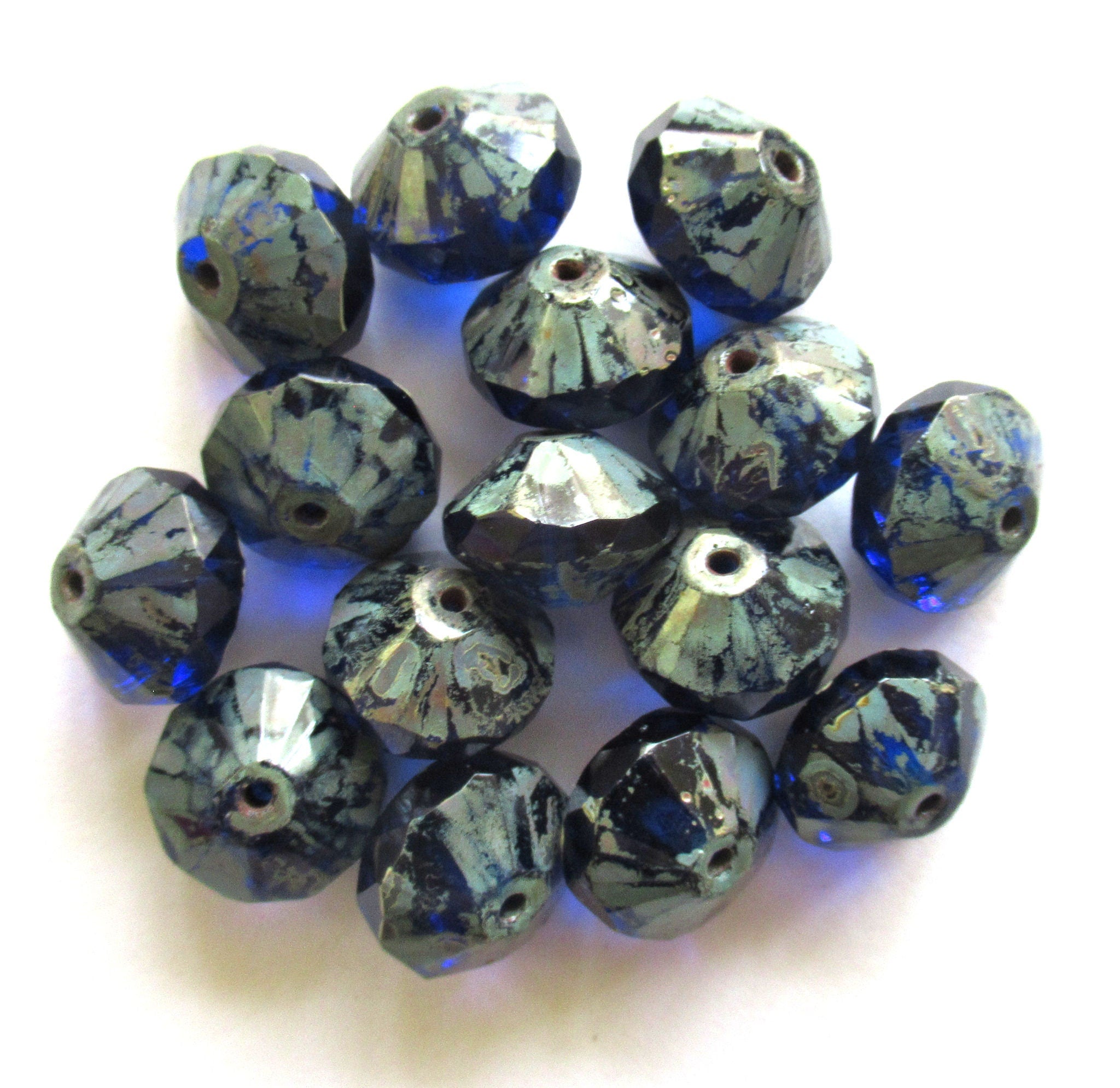 Lot of five Czech large glass faceted rivoli saucer beads - 9 x 13mm cobalt blue w/ picasso finish - chunky rustic earthy beads C00822