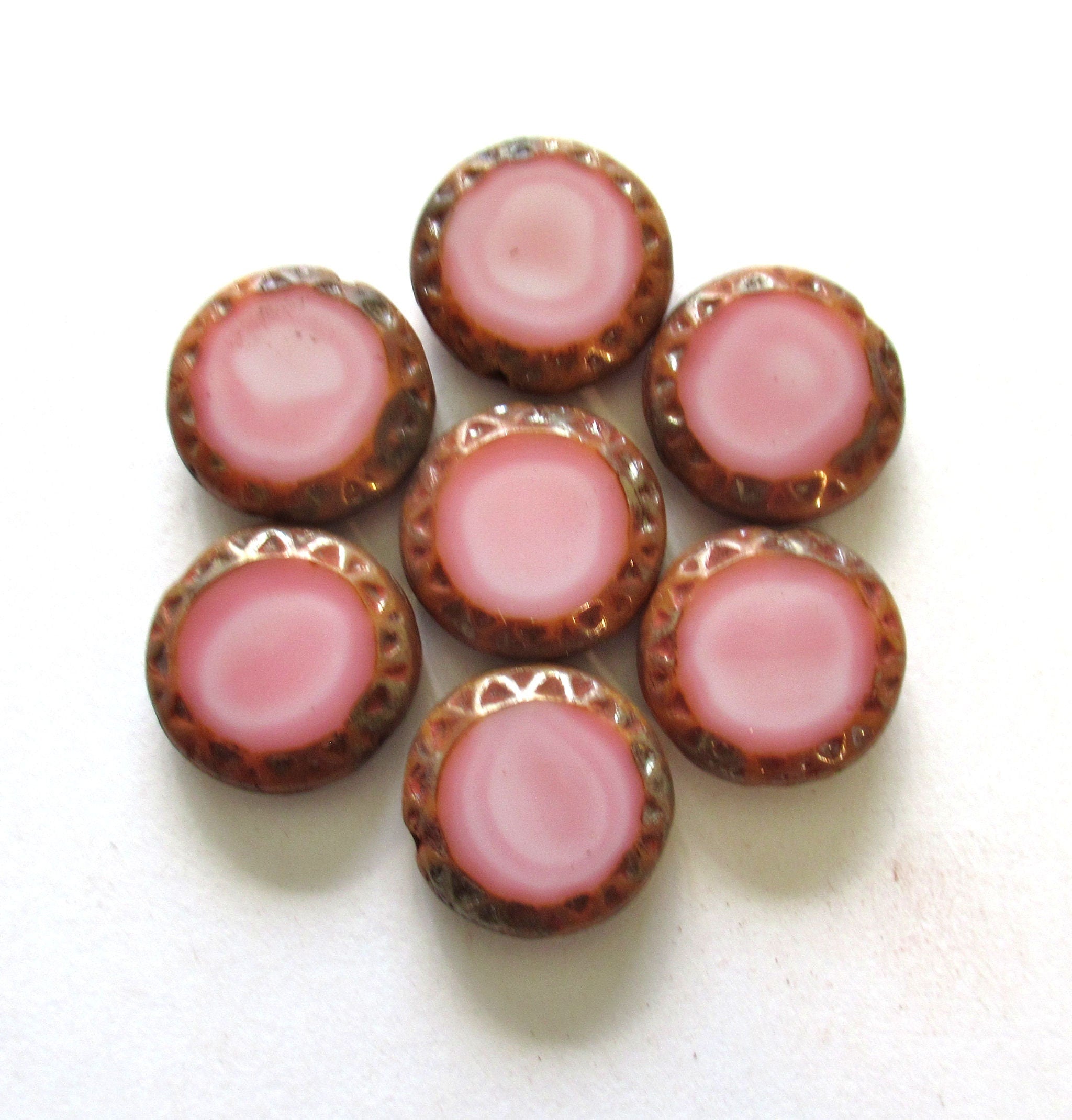 Six 16mm Czech glass coin or disc beads - marbled silky pink picasso beads - table cut carved beads w/ textured edges - C00941