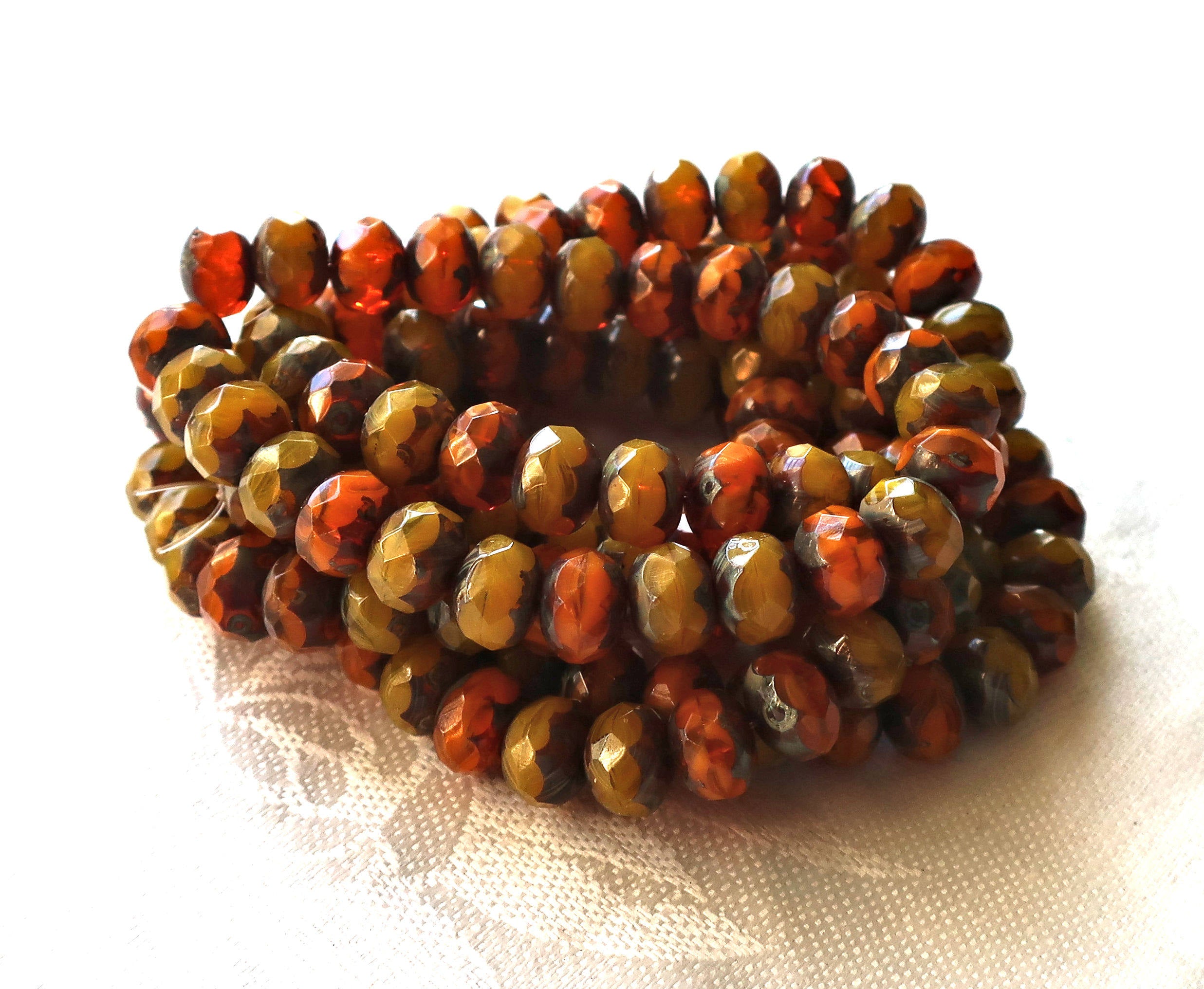 lot of 25 Czech glass faceted puffy rondelle beads, Translucent Orange and Yellow Opal Picasso mix. 6 x 8mm rustic, earthy, rondelles 02301 - Glorious Glass Beads