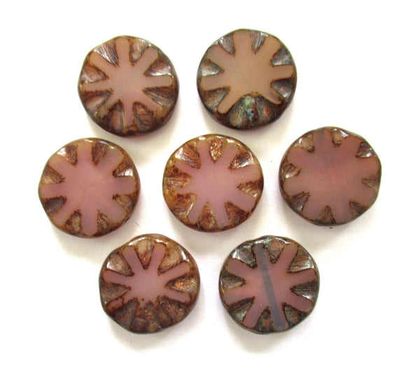 Five 18mm large Czech glass coin beads - translucent milky pinkish purple table cut carved sunburst, earthy, rustic disc beads C00251