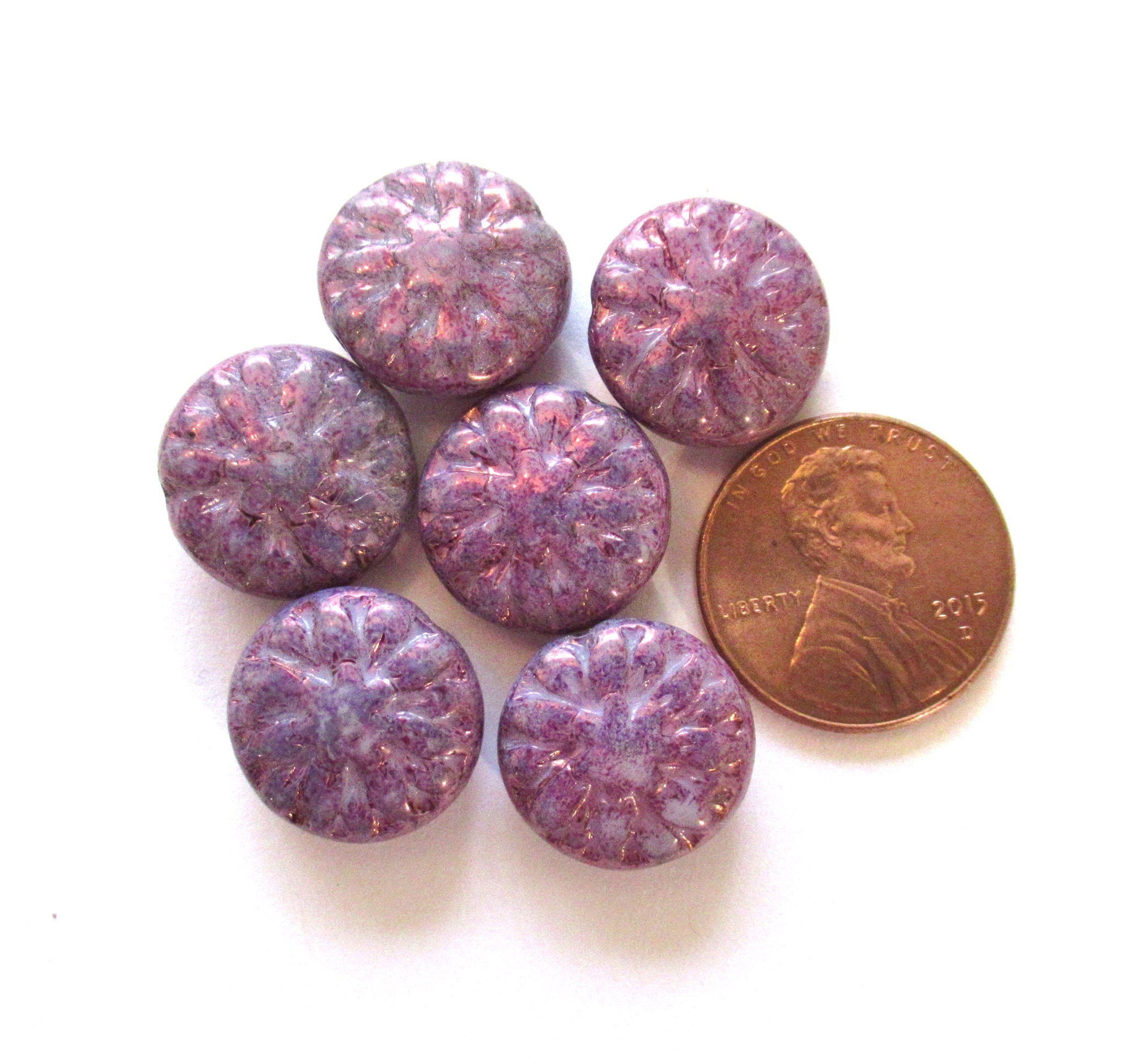 Five Czech glass Dahlia flower beads - 14mm light purple amethyst lavender floral beads with a luster finish - C00105