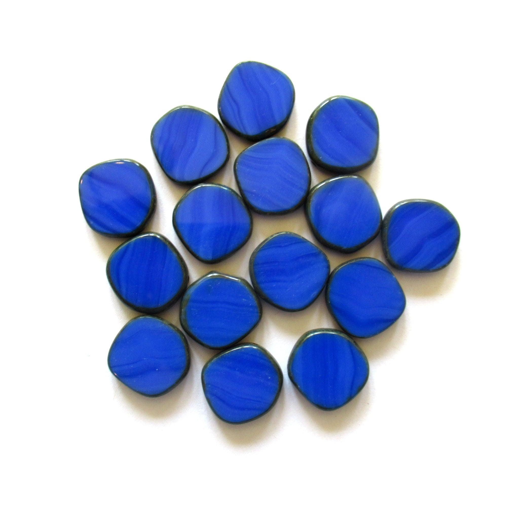 Six 15mm Czech glass asymmetrical coin or disc beads - opaque royal blue silk picasso table cut beads - C00001