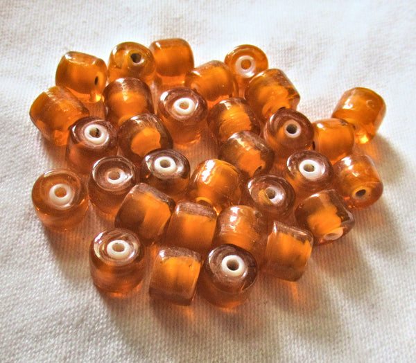 25 Bright Orange glass cylinder beads with white hearts - approx 7 x 8mm with 1.5mm hole - Made in India, C8501