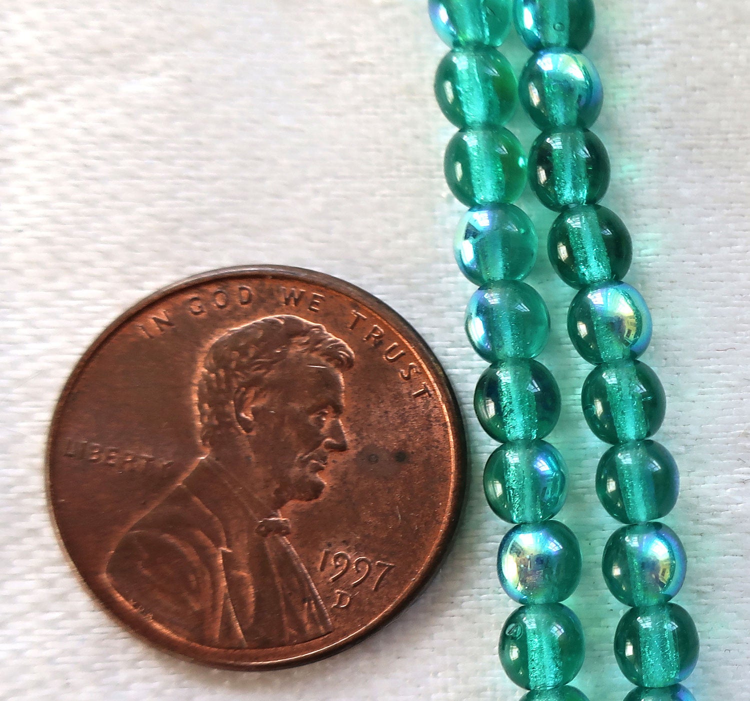 Lot of 100 4mm Emerald Green AB Czech glass druks, pressed glass round druk beads C7601 - Glorious Glass Beads