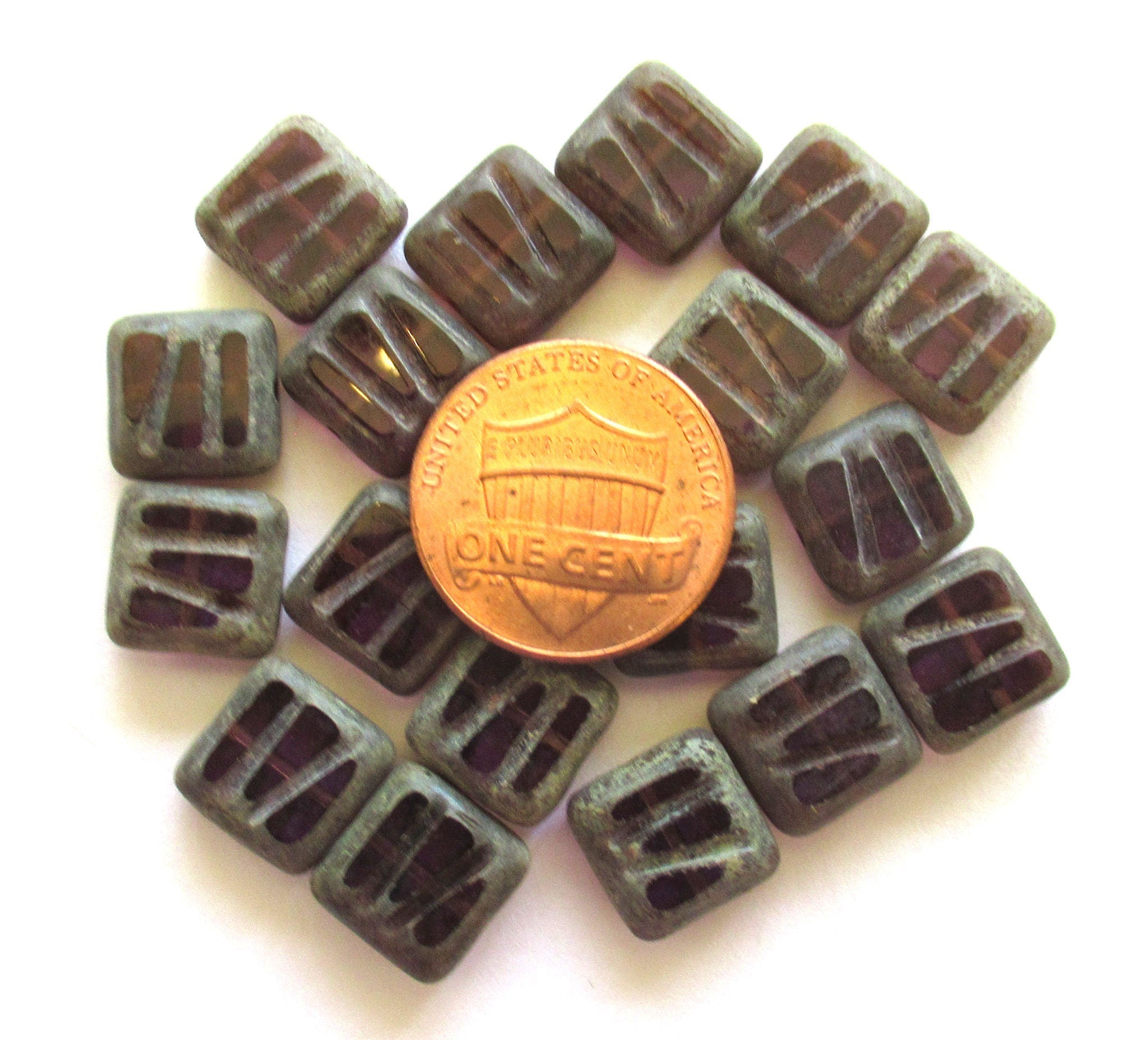 Ten 10mm x 10mm Czech glass square beads - amethyst / purple carved, table cut, striped zebra rustic, earthy beads C0029