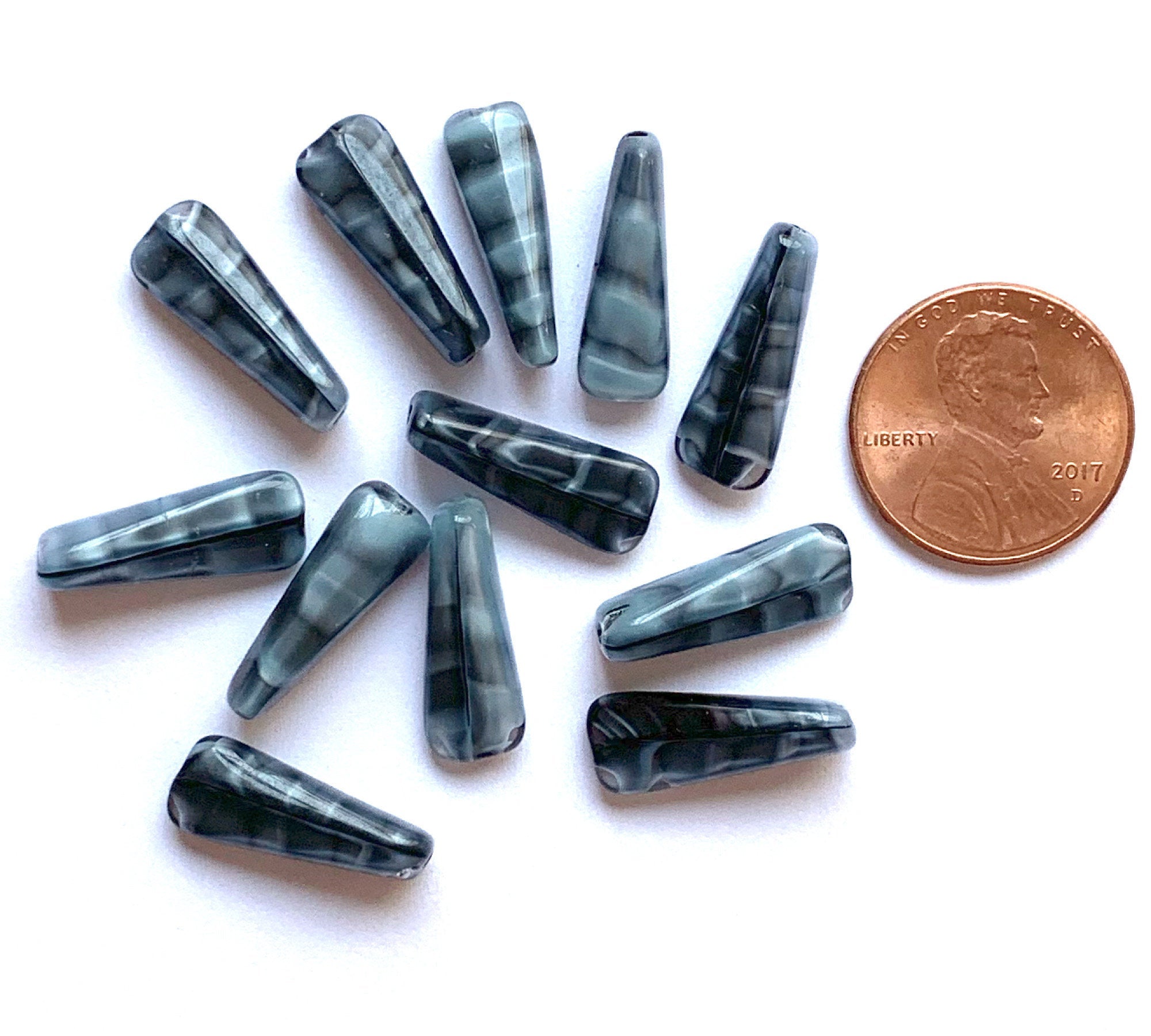 15 Czech glass triangle tube beads - 6 x 17mm marbled, striped blue & gray wedge shaped tube beads C0721