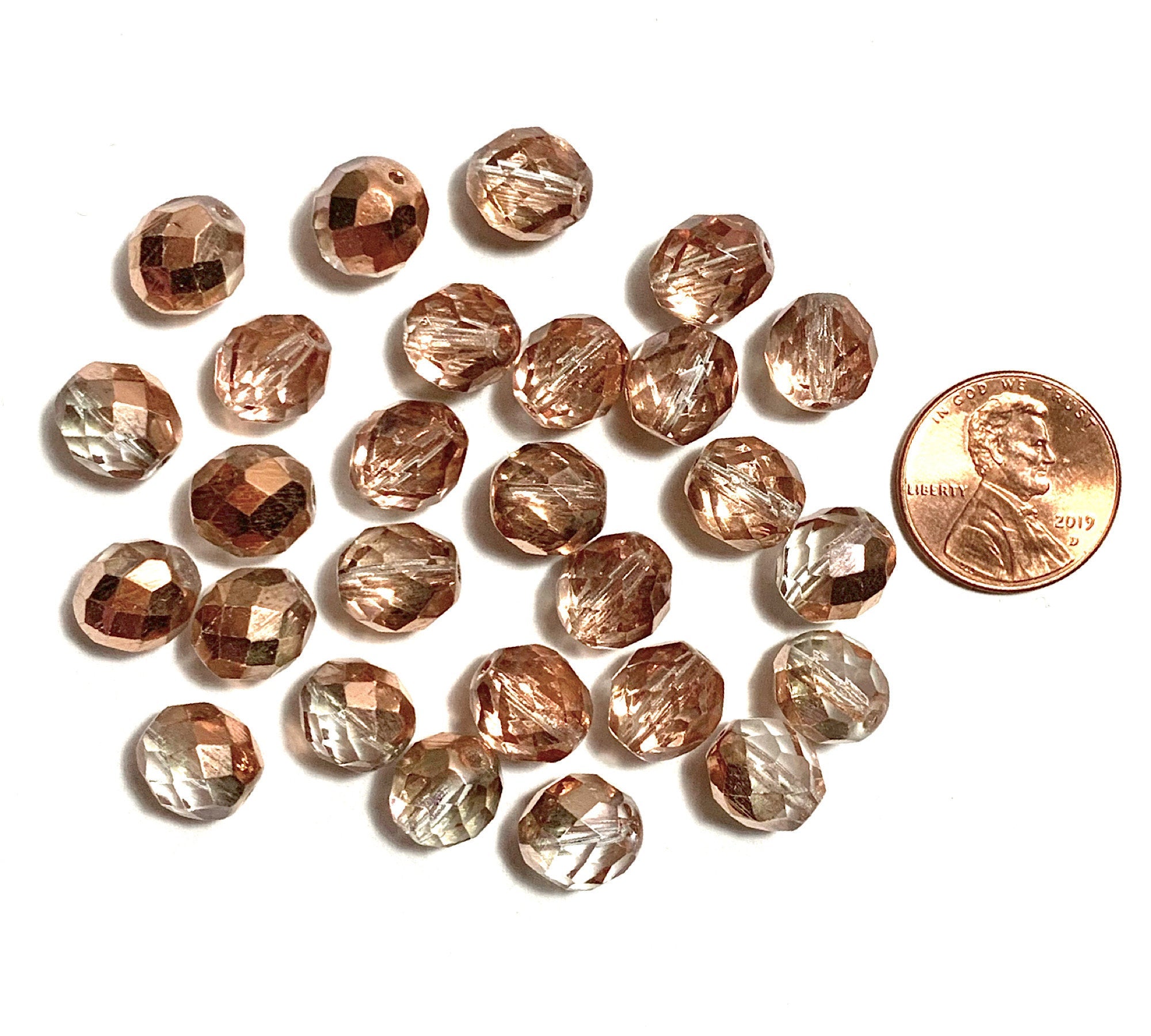Twenty Czech glass fire polished faceted round beads - 10mm half copper & crystal beads C0029