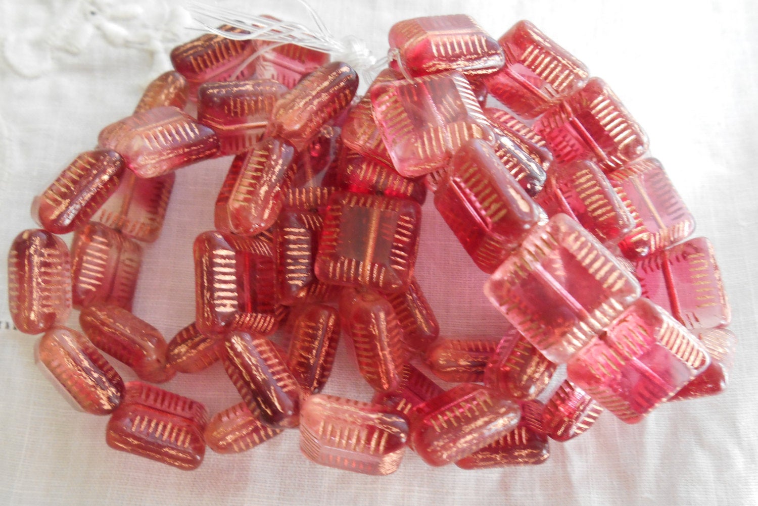 Four 14mm fuchsia pink with gold accents table cut carved Czech square flat glass bead, chunky pink bead C63101