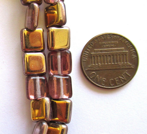 Lot of 30 8mm one hole flat square Czech glass beads - apollo gold beads with an iridescent AB finish C0085