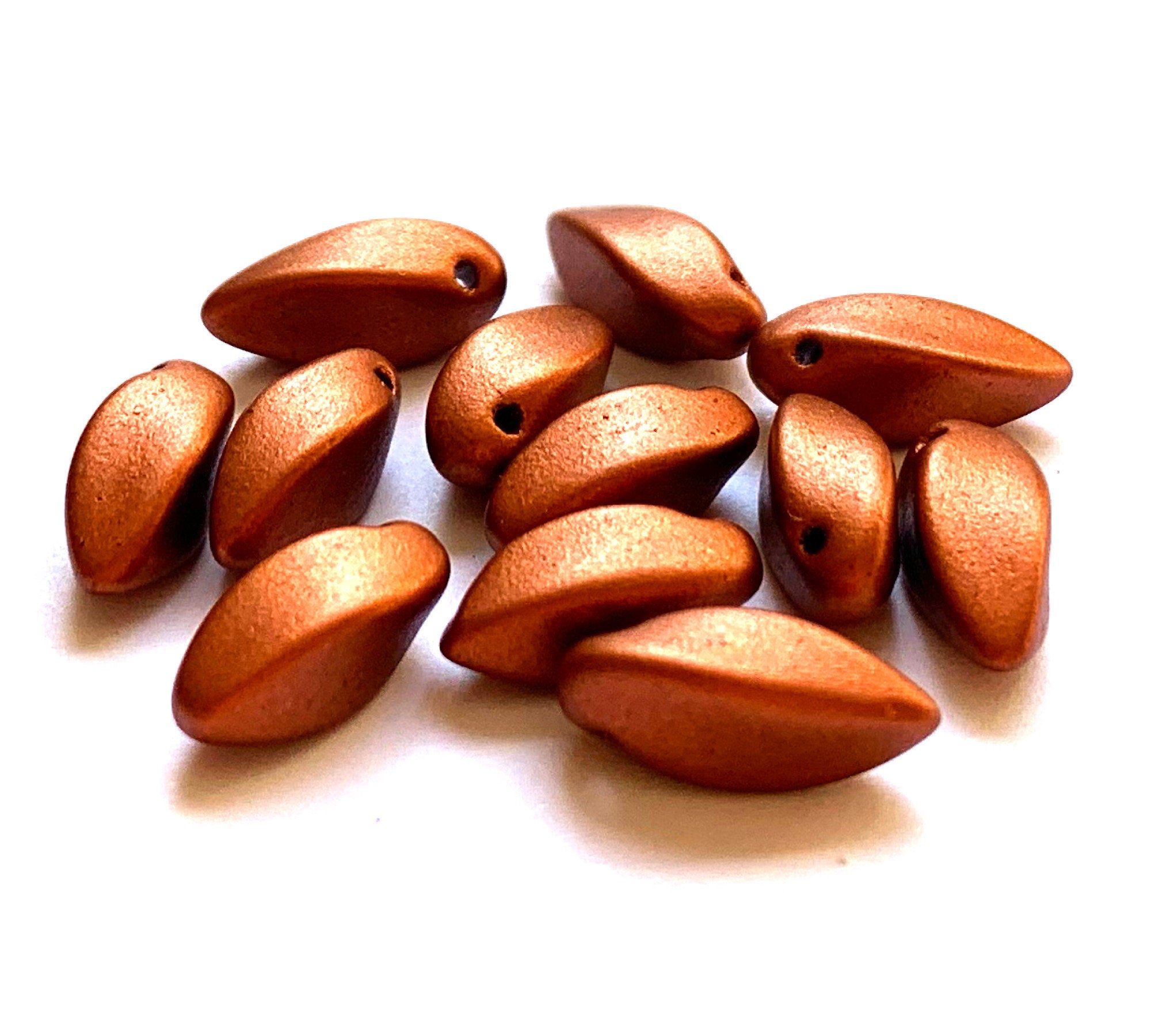 20 Czech glass twisted teardrop, petal or dagger beads - top drilled 6 x 12mm matte metallic red bronze pressed glass beads C0038