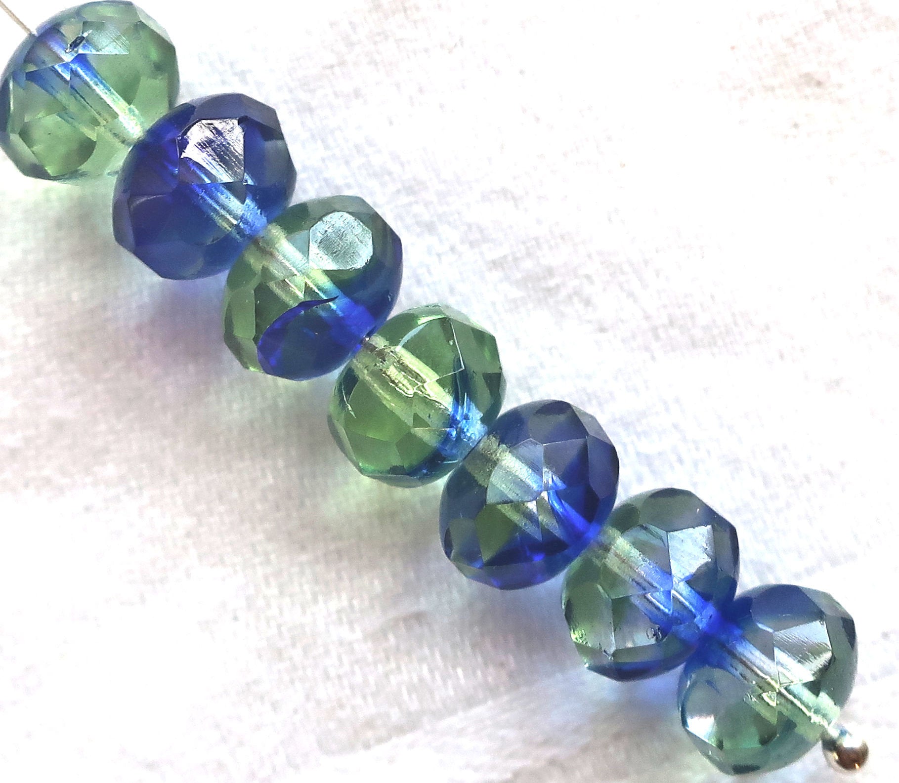 25 faceted Czech glass puffy rondelle beads, 8 x 6mm transparent mint green and sapphire blue mix, rondelles on sale 0901 - Glorious Glass Beads