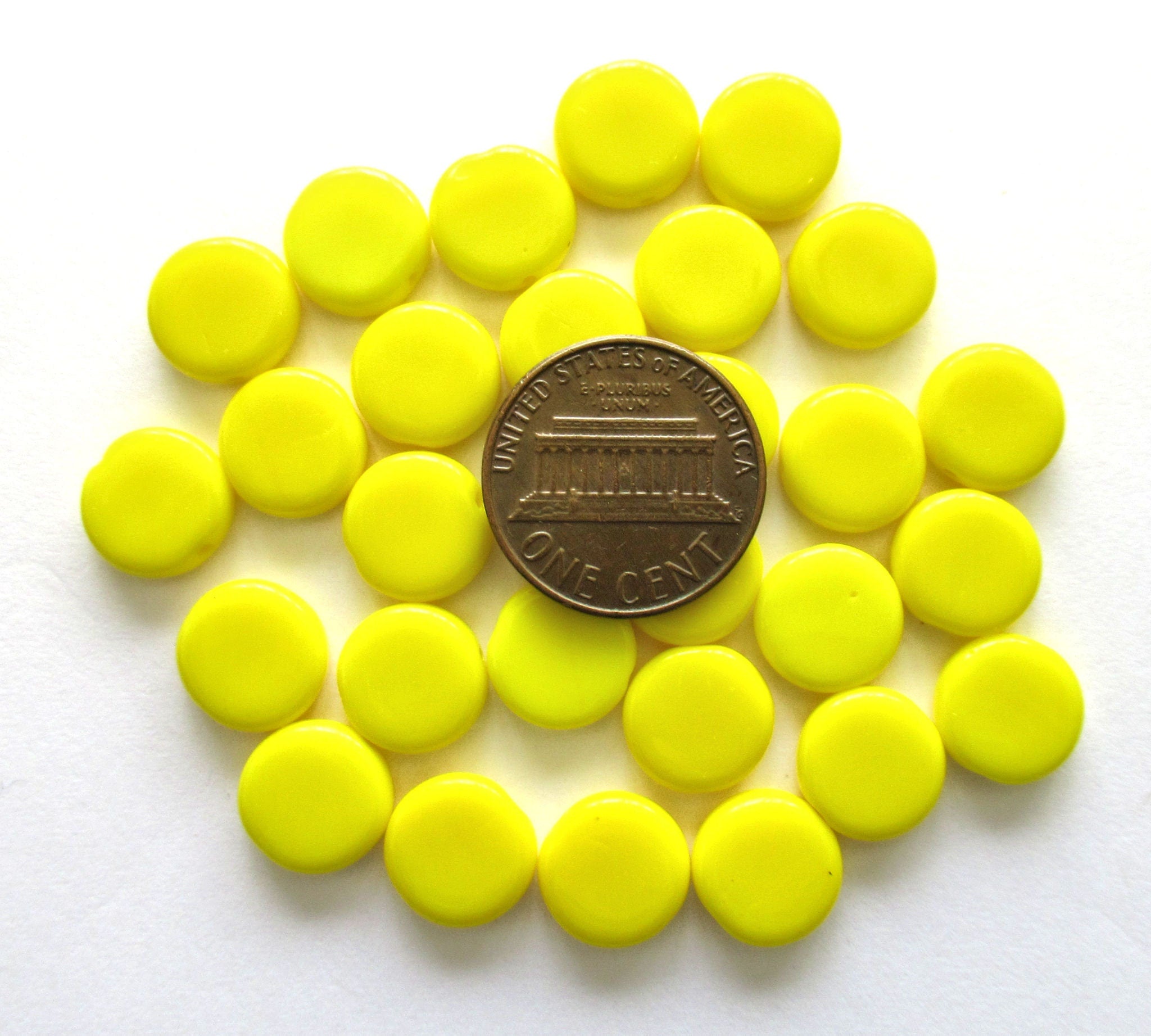 15 Czech glass coin beads - 10mm opaque bright yellow disc beads C0096