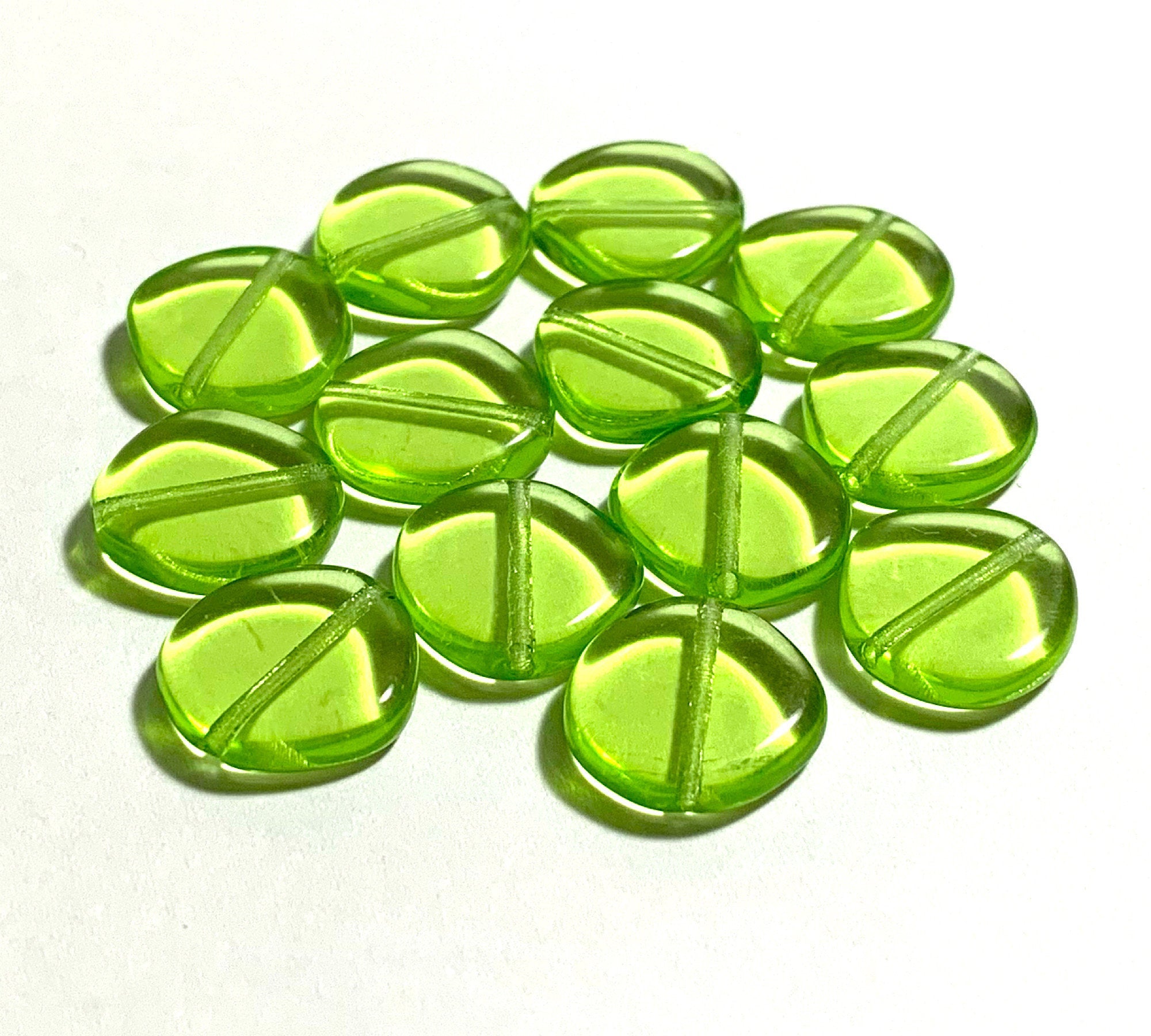 Ten 15mm Czech glass asymmetrical coin or disc beads - Peridot green beads - C0084