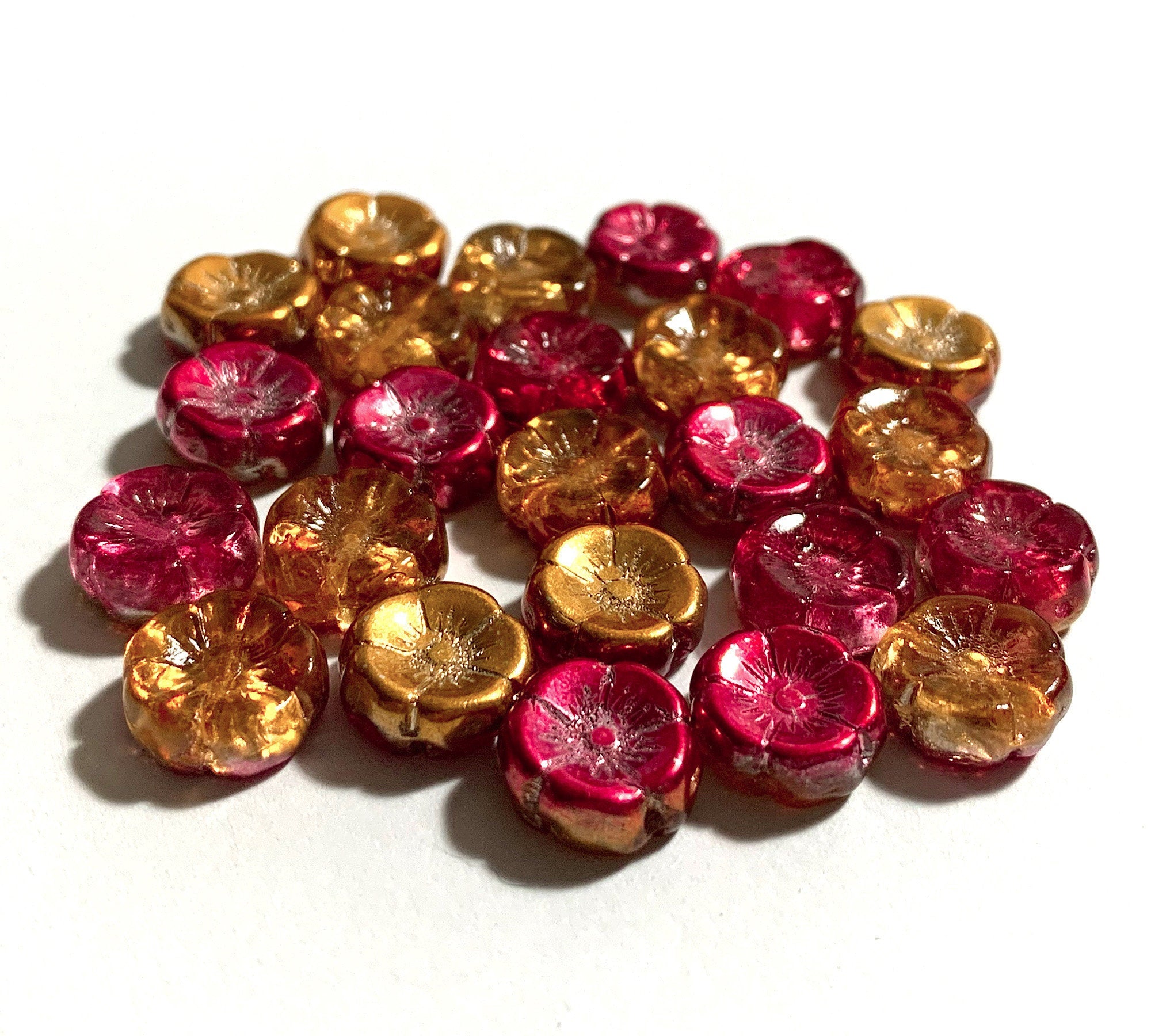Ten 12mm Czech glass flower beads - gold, pink and orange AB pressed glass flowers - C0111
