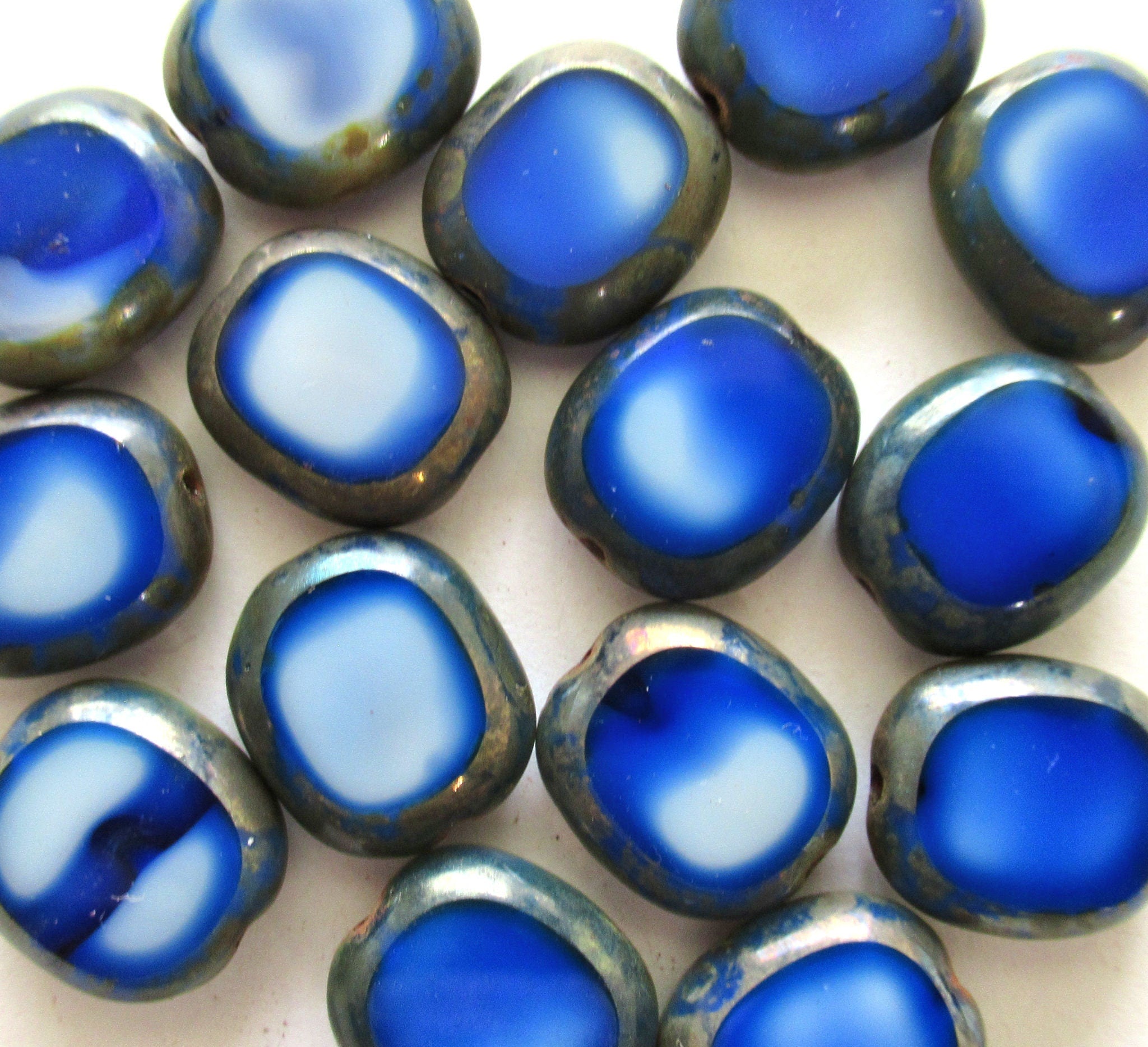 Six Czech glass oval beads - thick 14 x 12mm opaque marbled royal blue & white glass table cut window beads with picasso accents C00231
