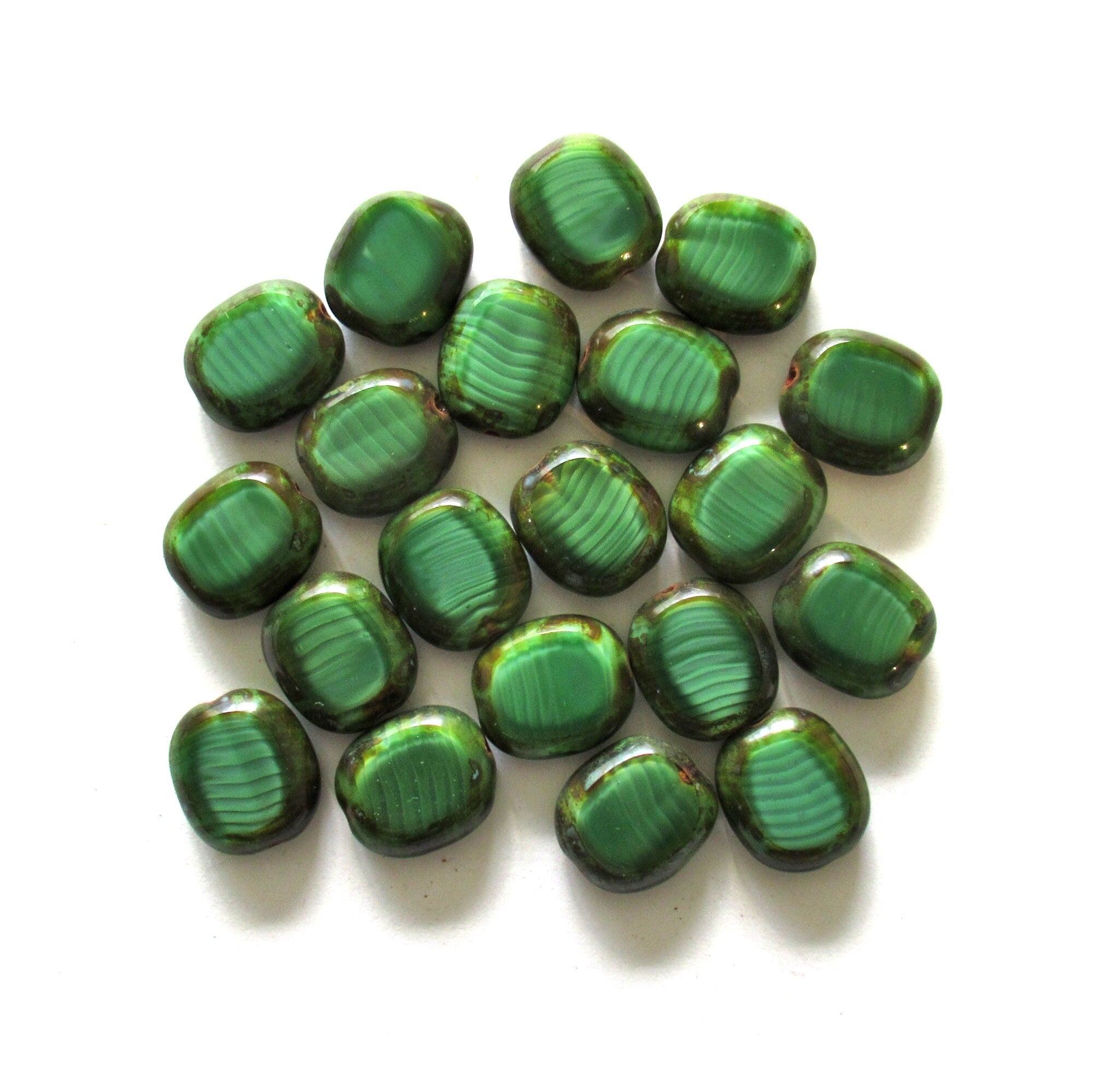 Six Czech glass oval beads - 14 x 12mm marbled silky forest green picasso table cut window beads - 00231