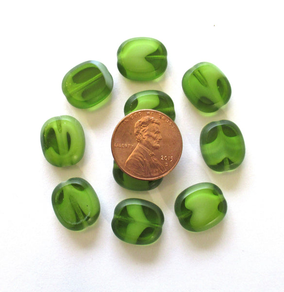 Ten Czech glass oval beads - 14 x 12mm olivine opaque and transparent mix table cut window beads - C00111
