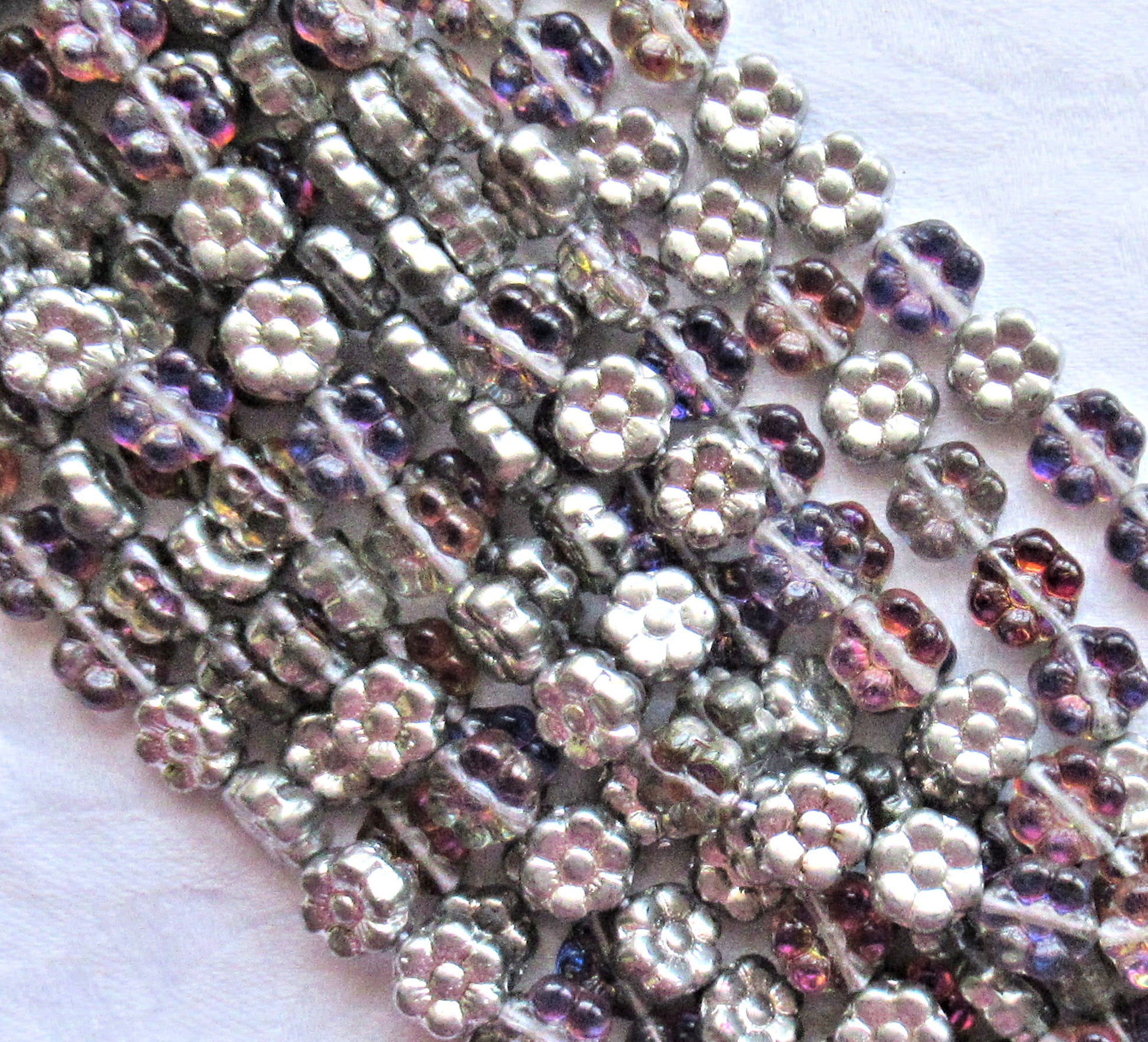 Lot of 25 8mm Amethyst / Silver Czech glass flower beads - purple & silver pressed glass flower beads - C5301 - Glorious Glass Beads