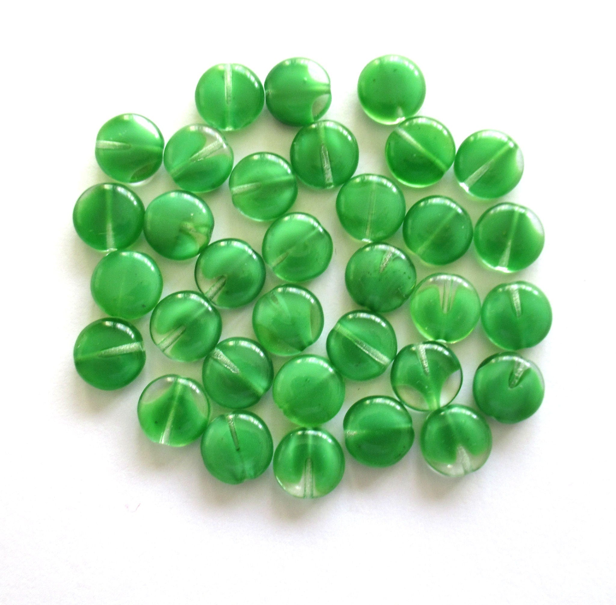 20 Czech glass coin beads - 10mm green & crystal disc beads C0055