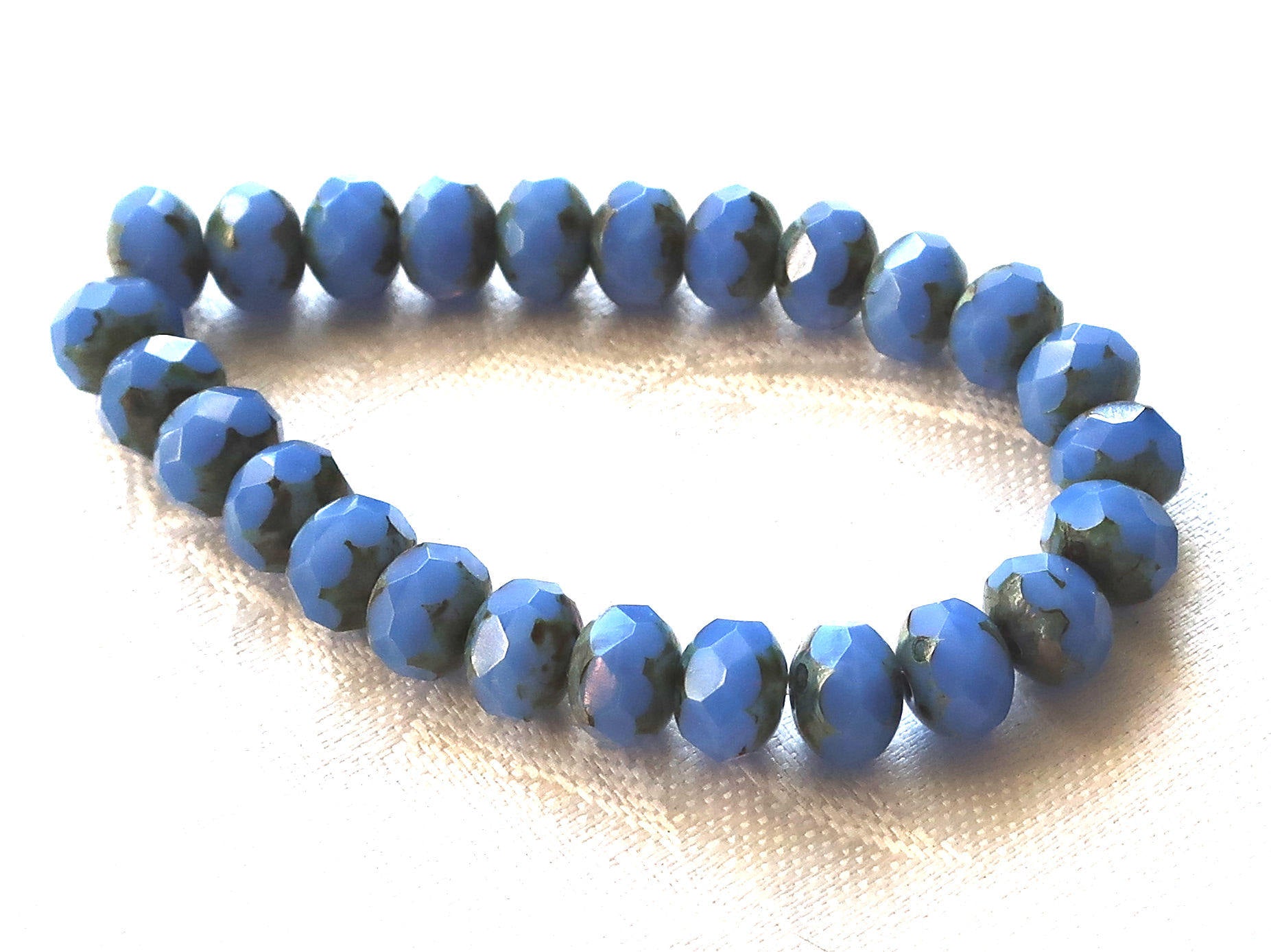 lot of 25 Czech glass faceted puffy rondelle beads, Opaque Cornflower Blue blue Picasso 6 x 8mm rondelles 00301 - Glorious Glass Beads