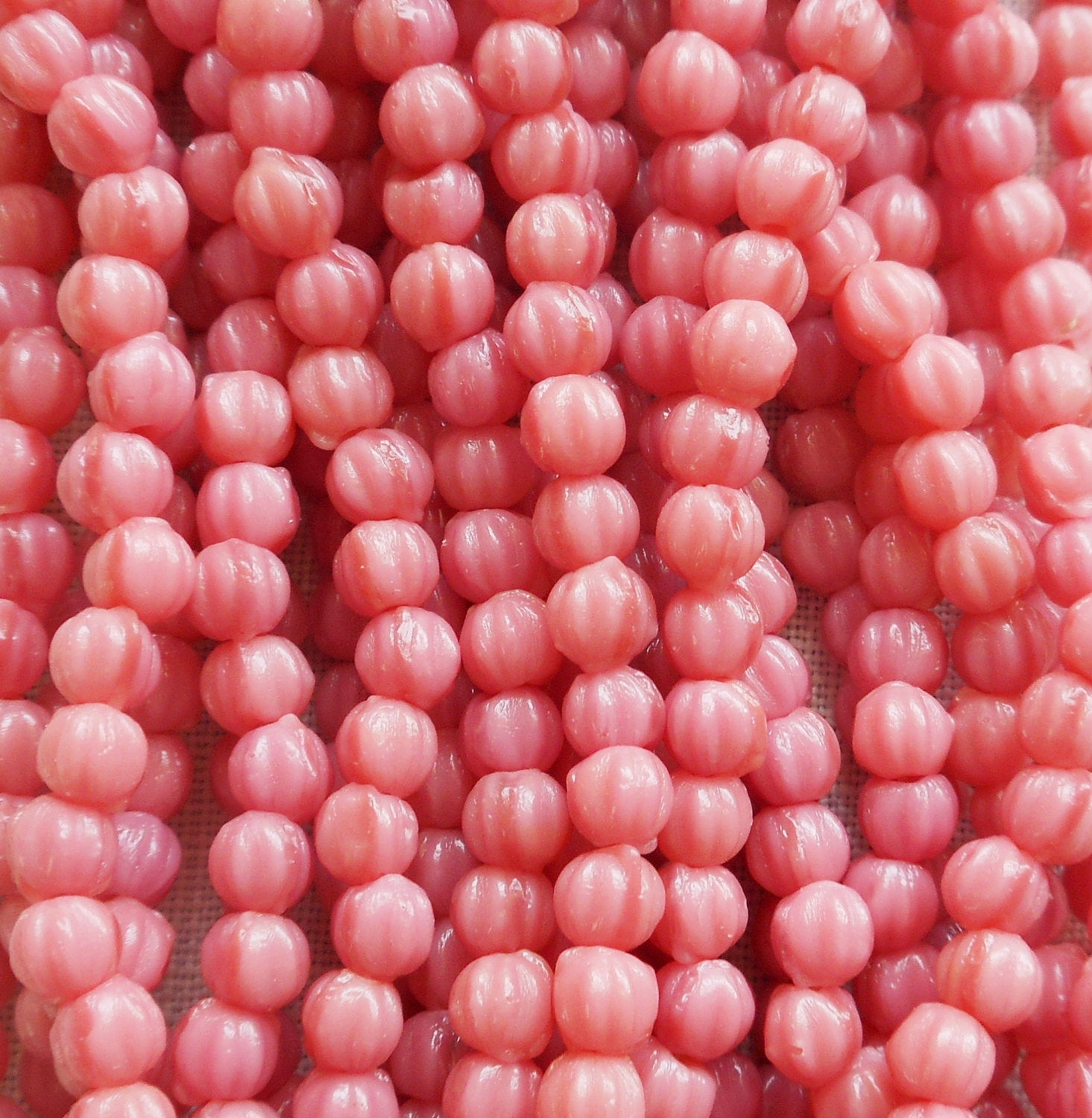 100 3mm Opaque Coral Pink melon beads, pressed glass Czech beads, C46150