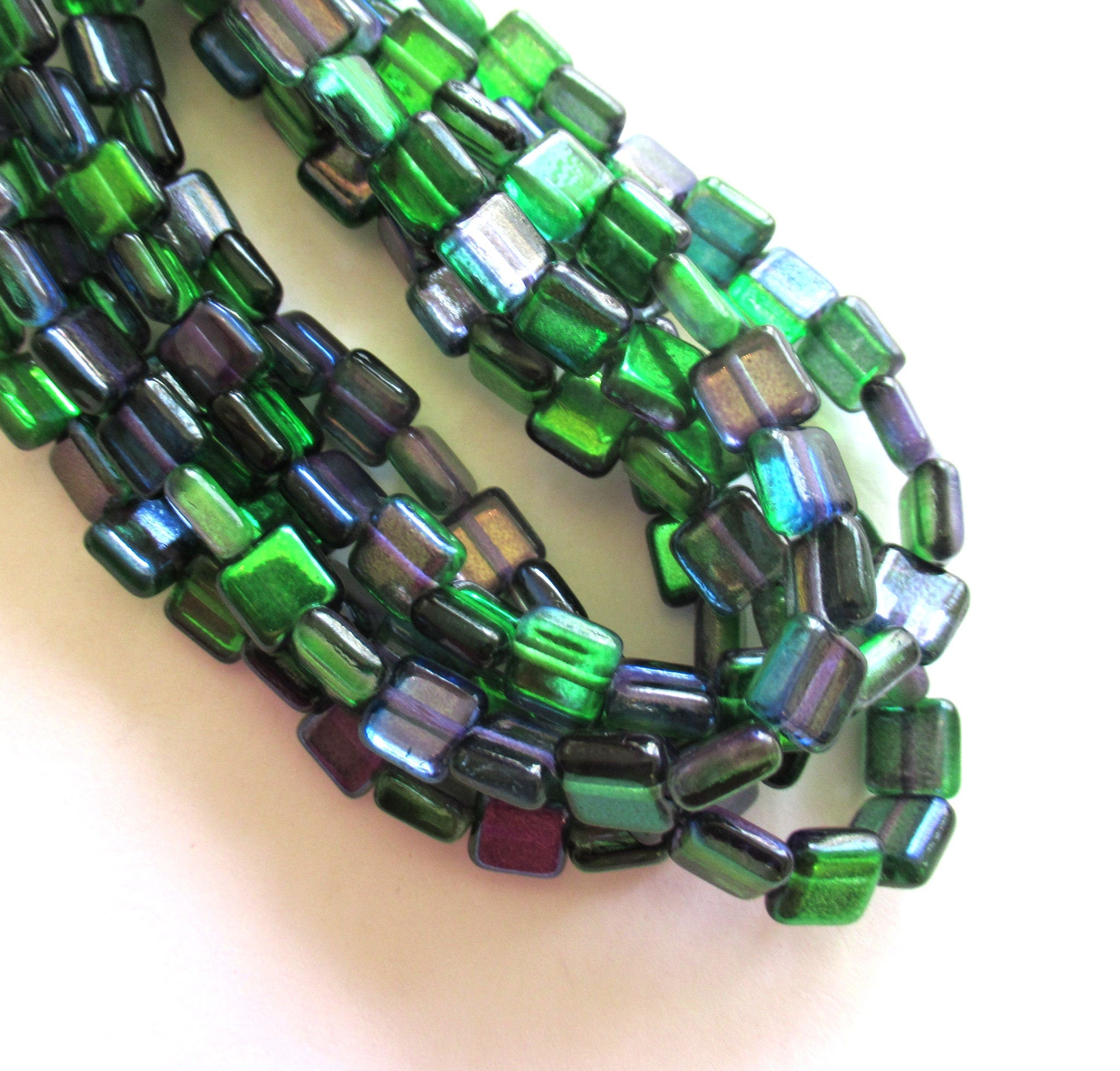 30 8mm one hole square Czedh glass beads - blue & green color mix beads 00211