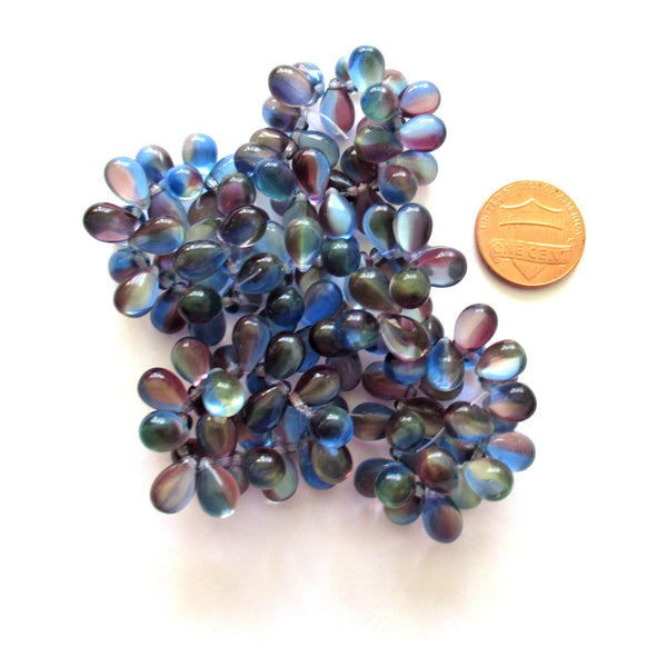 Lot of 25 Czech glass drop beads - transparent mix of blue & purple- smooth teardrop beads - 9 x 6mm C0036