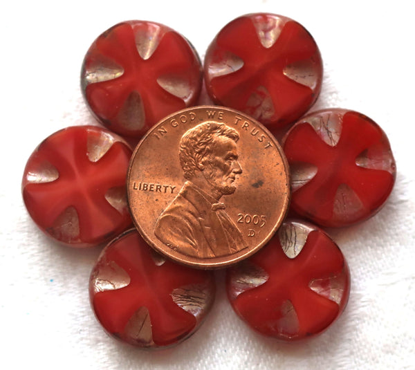 Five Czech glass beads, table-cut, carved, disc or coin beads, marbled tomato red Celtic, Iron cross with a silvery picasso finish C00101 - Glorious Glass Beads