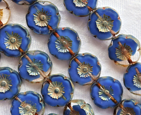 12 Czech glass flower beads - 12mm table cut, carved, sapphire blue & crystal clear picasso Hawaiian floral beads C26101