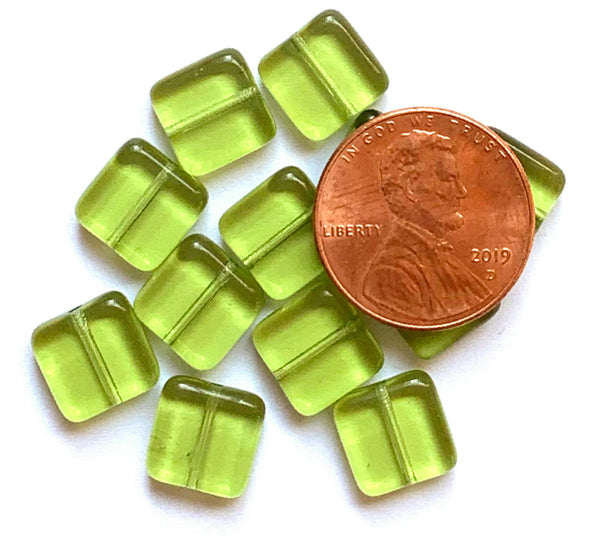 Twenty 9mm square Czech glass beads - transparent olivine or olive green pressed glass beads C0045