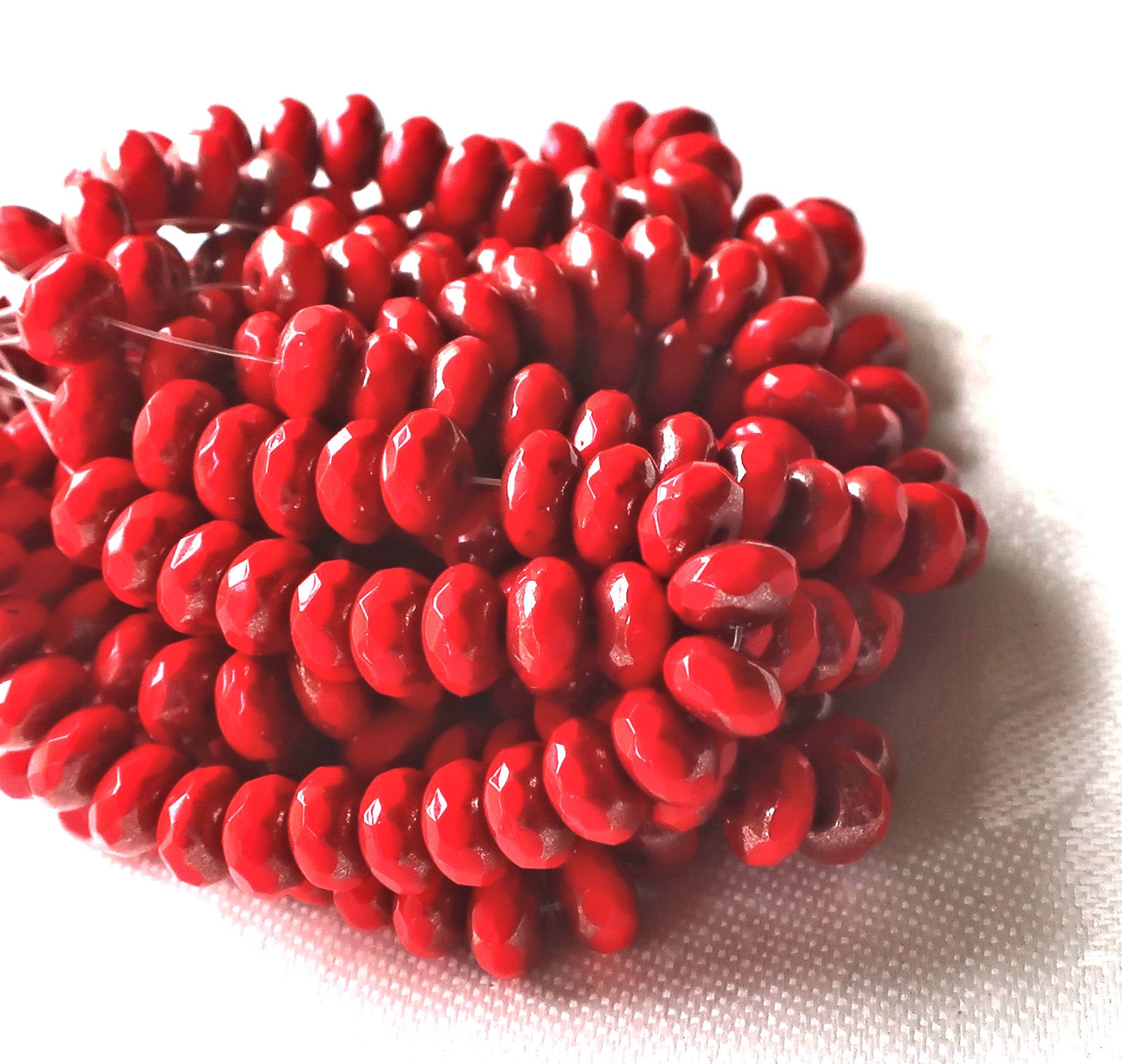 Lot of 25 Opaque Bright Red Picasso faceted puffy rondelle or donut beads, 5 x 7mm, Czech glass beads C16101 - Glorious Glass Beads