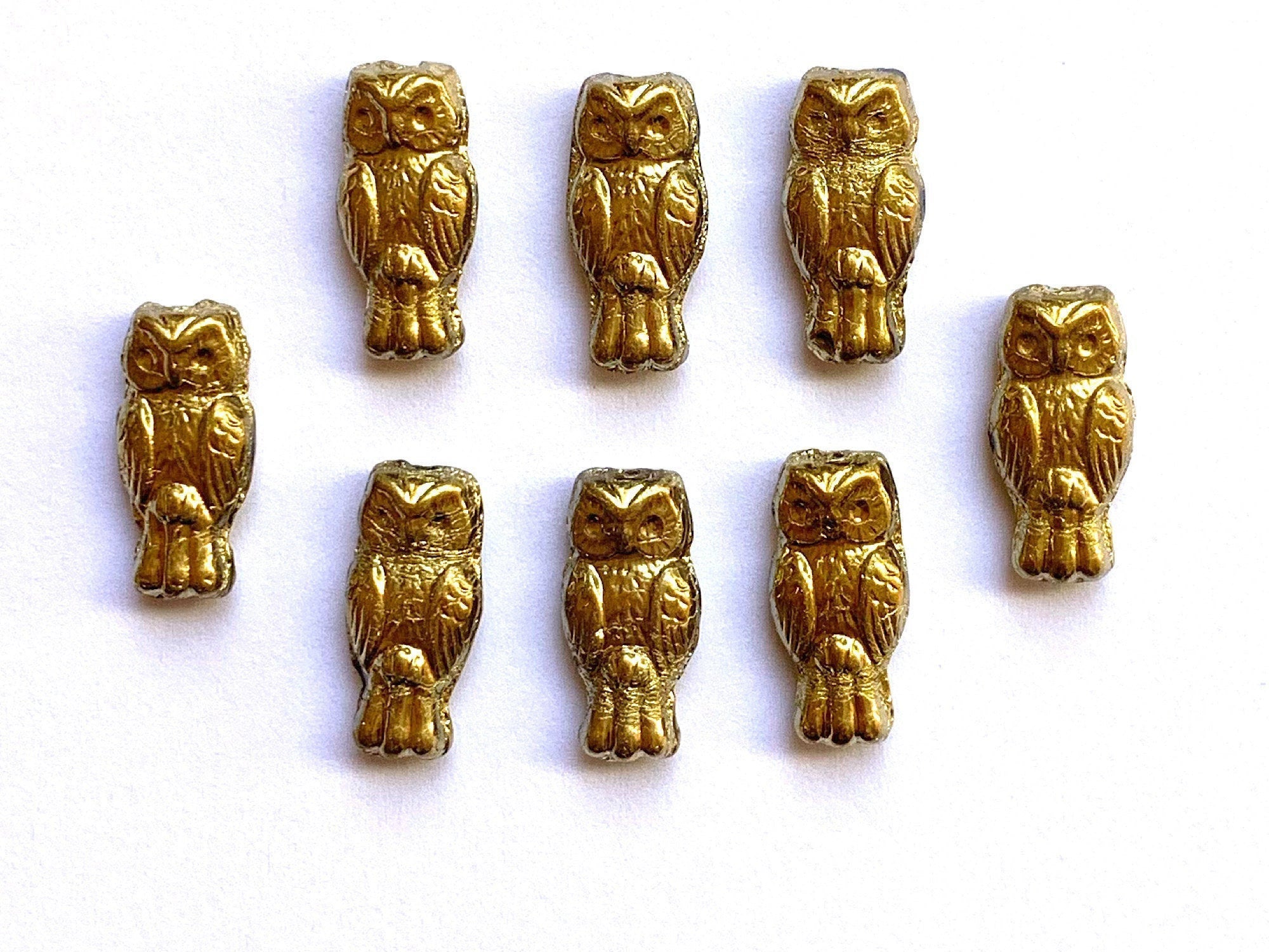 10 Czech glass owl beads - top drilled 7 x 15mm shiny gold pressed glass beads C0045