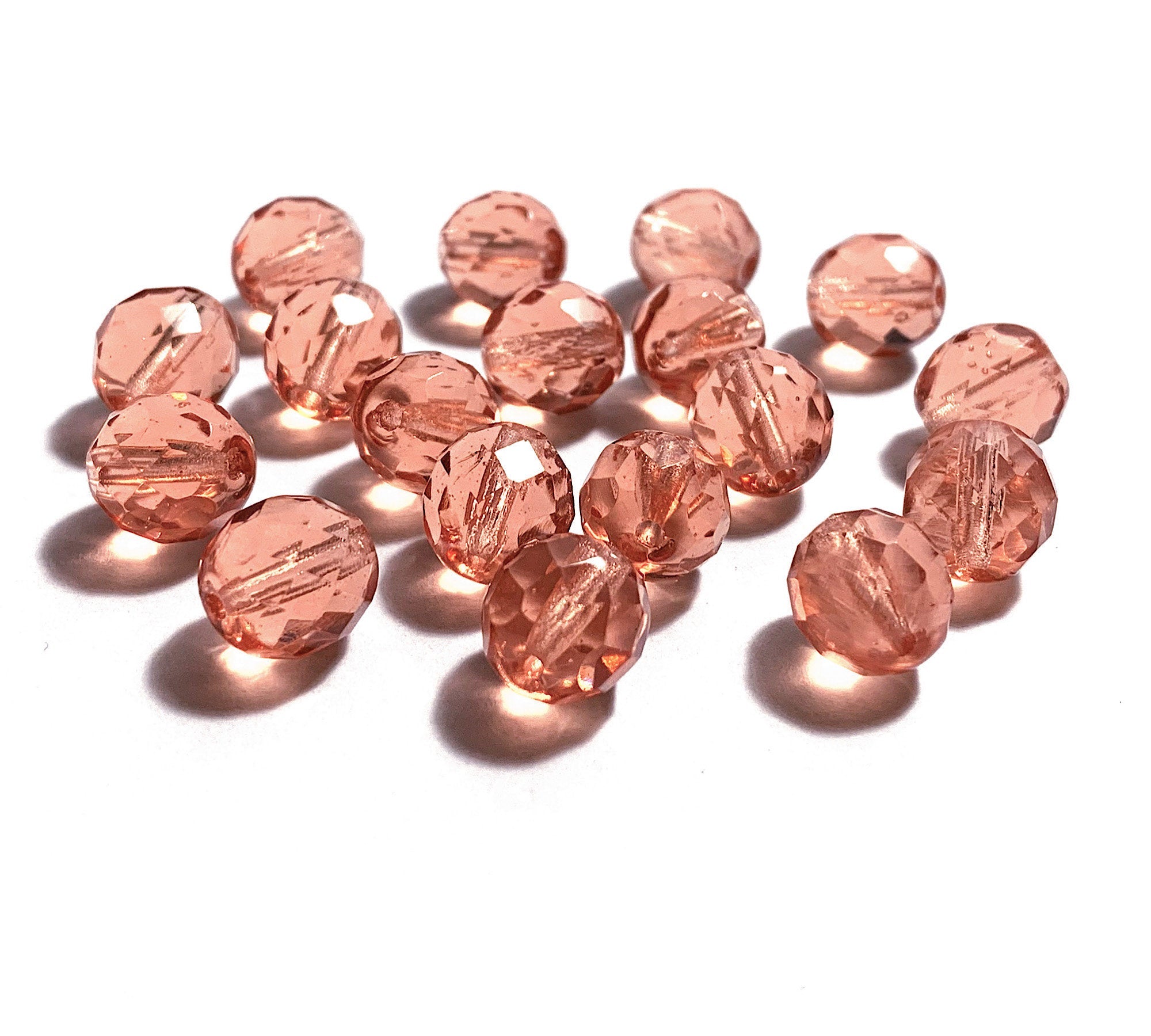 Twenty Czech glass fire polished faceted round beads - 10mm transparent peach beads C0008