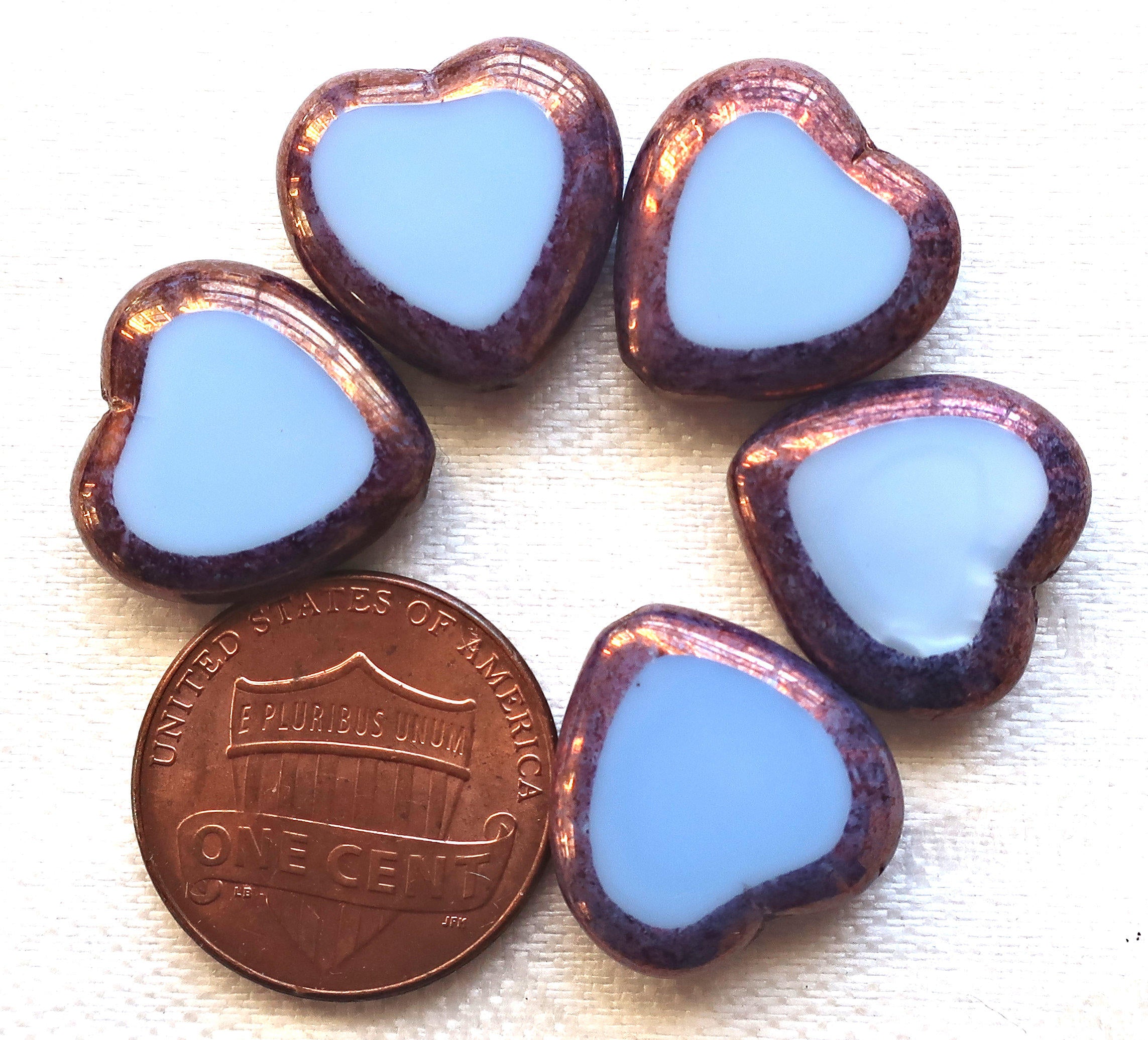 Six large Czech glass heart beads; 16mm table cut, opaque, sky blue hearts with bronze picasso finish C62106 - Glorious Glass Beads