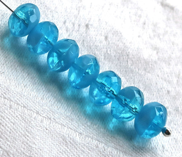 25 Czech glass puffy rondelles, 6 x 8mm transparent & milky aqua blue mix, faceted puffy rondelle beads, sale price 03101 - Glorious Glass Beads