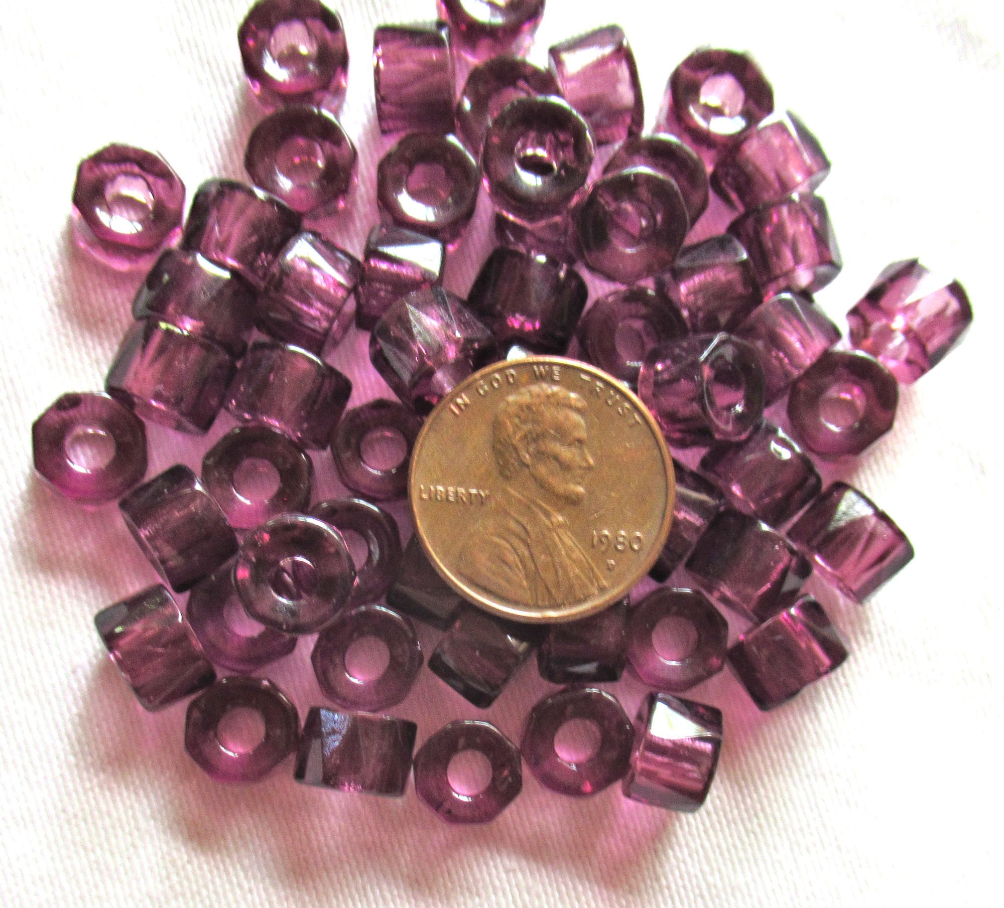 Lot of 25 9mm faceted Czech glass pony beads - amethyst crow, roller beads - large hole purple faceted fire polished beads