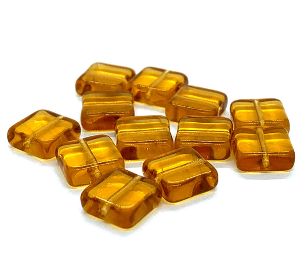 Twenty 9mm square Czech glass beads - transparent amber or topaz pressed glass beads C0076
