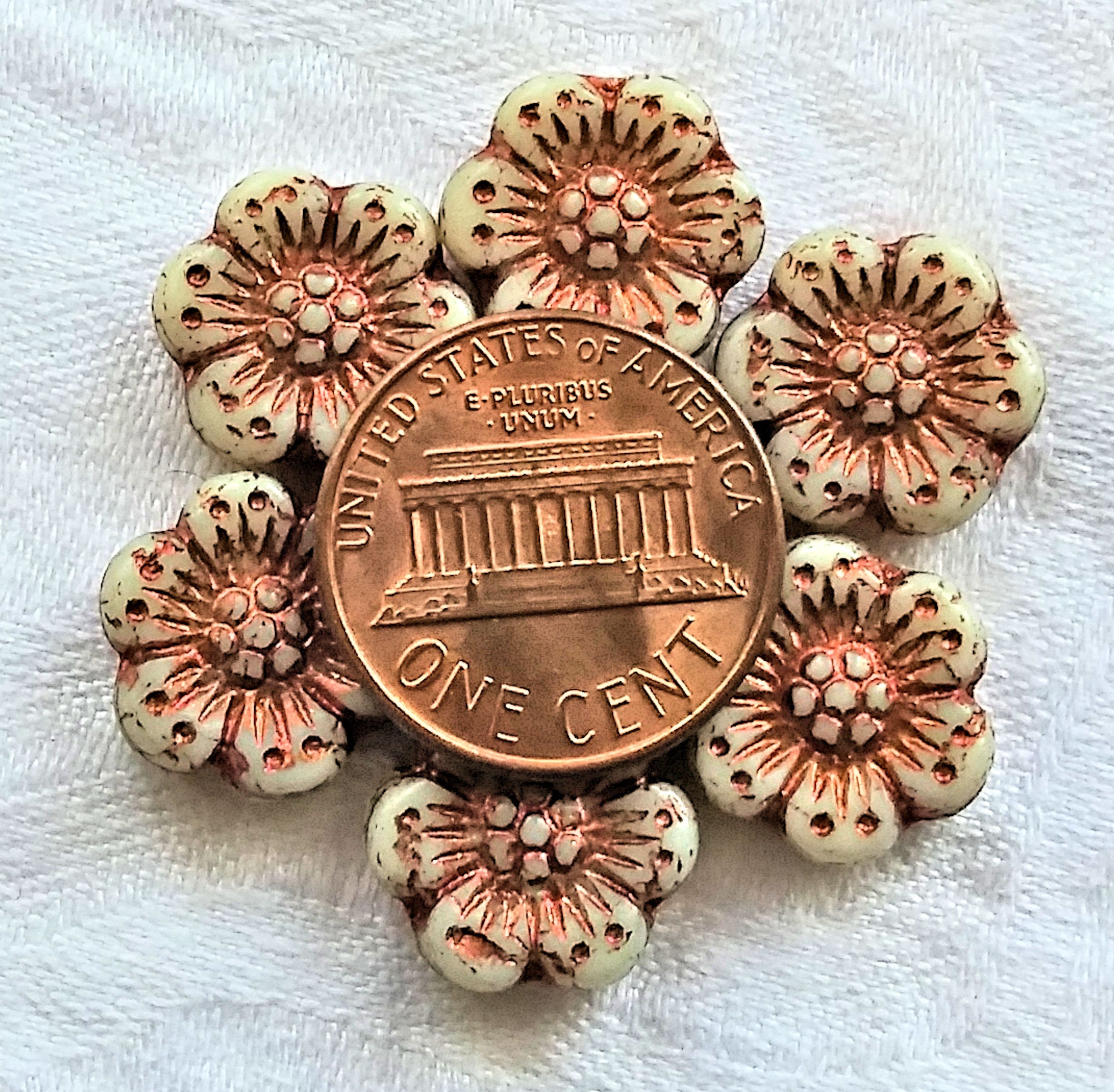 Twelve Czech glass wild rose flower beads - 14mm opaque off white floral beads with a copper wash C07105 - Glorious Glass Beads