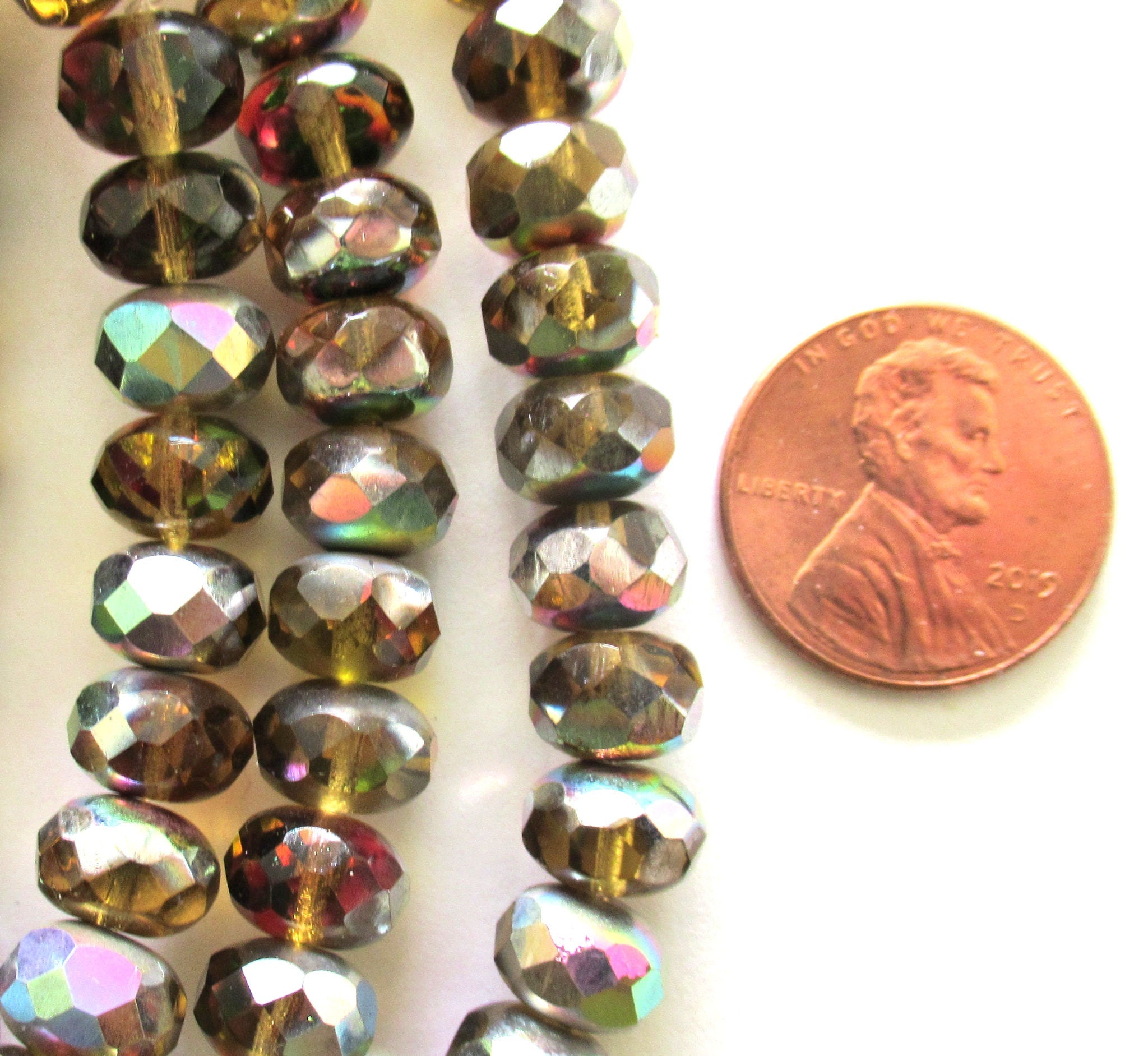 Lot of 30 Czech glass puffy rondelle beads - amber / topaz / brown vitral rondelles - 6 x 9mm fire polished faceted beads- 00012