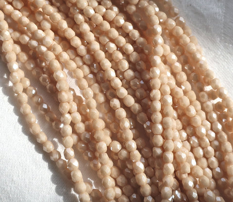 Lot of 50 3mm Off White Opaque Luster Champagne Czech glass beads, firepolished faceted round beads C8450 - Glorious Glass Beads
