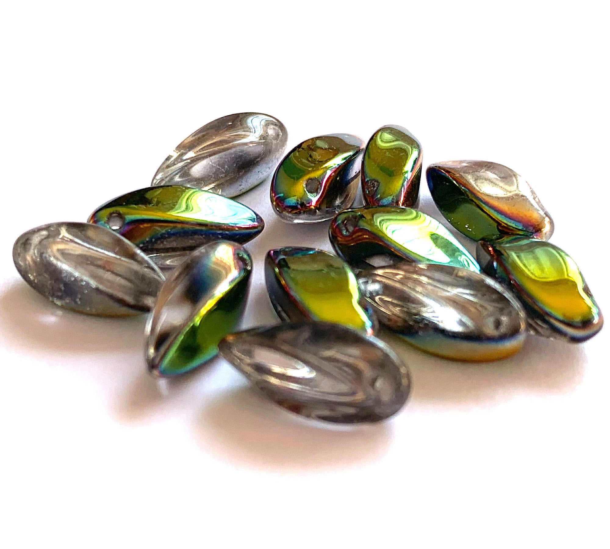 20 Czech glass twisted teardrop, petal or dagger beads - top drilled 6 x 12mm crystal vitrail pressed glass beads C0821