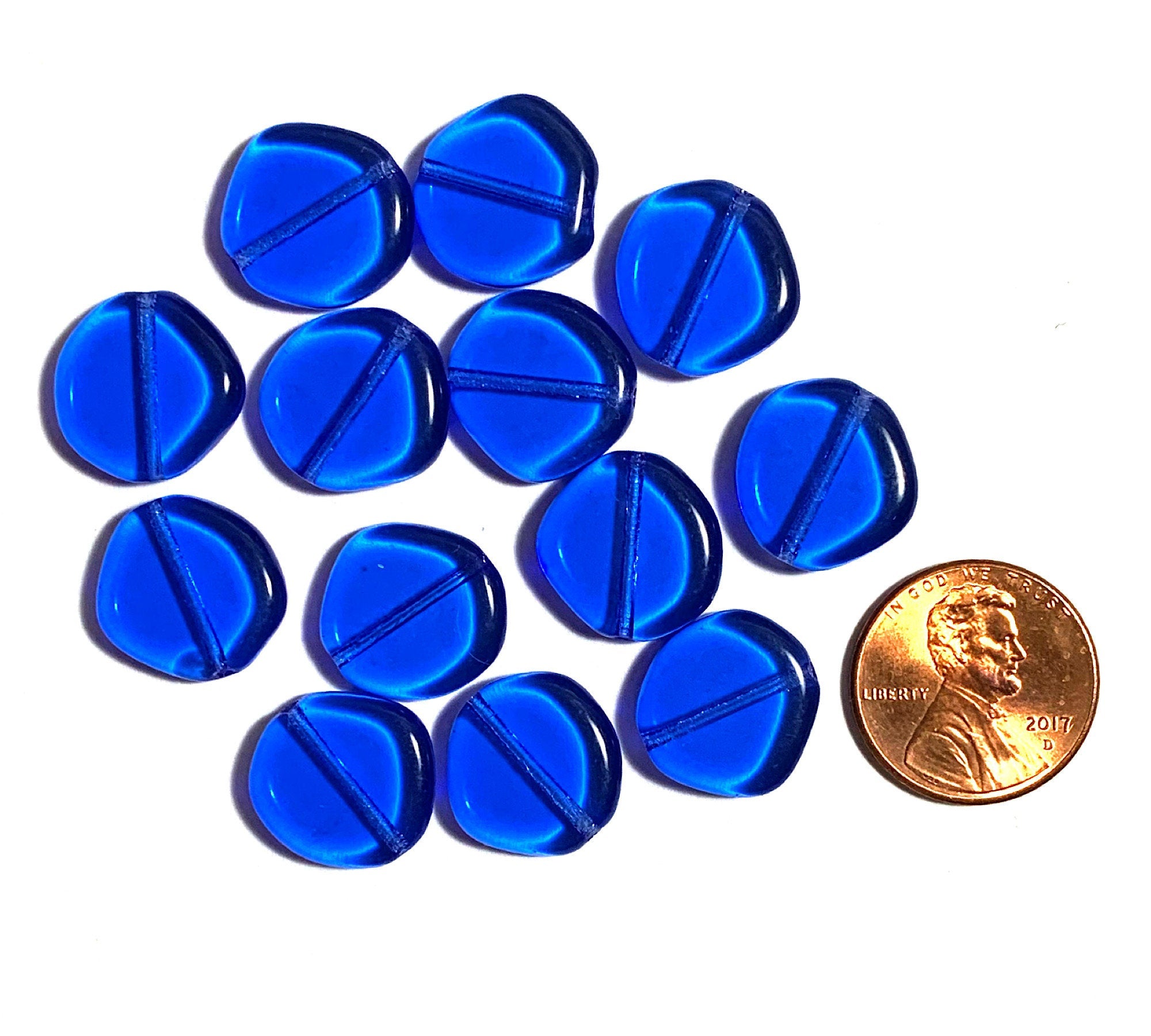Ten 15mm Czech glass asymmetrical coin or disc beads - sapphire blue beads - C0084