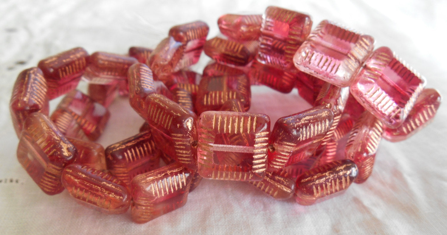 Four 14mm fuchsia pink with gold accents table cut carved Czech square flat glass bead, chunky pink bead C63101