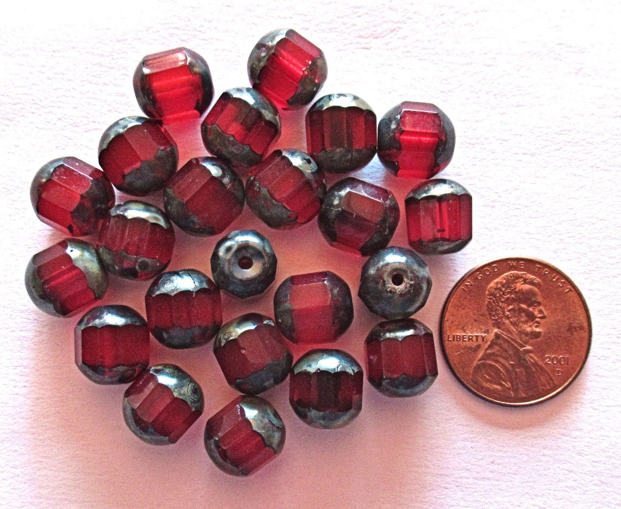 Ten Czech glass faceted cathedral or barrel beads six sides - 10mm fire polished Siam red beads with picasso finish on the ends C0019